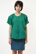 80s Vintage Vtg Rare 100% SILK Seta Seide Soie Natural Fabric Short Sleeve in Green Shirt Buttons Up Blouse 2650