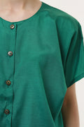 80s Vintage Vtg Rare 100% SILK Seta Seide Soie Natural Fabric Short Sleeve in Green Shirt Buttons Up Blouse 2650