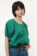 80s Vintage Vtg Rare 100% SILK Seta Seide Soie Natural Fabric Short Sleeve in Green Shirt Buttons Up Blouse 2650