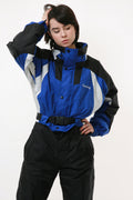 80s Vintage Vtg Rare Sport Winter Ski Skiing Belt No Hood Lined Black and Blue with Draswtring Waist Overalls 18425