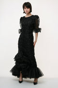 70s Vintage Vtg Rare Black Evening Formal Pencil Maxi Long Short Sleeve Ruffled Puff Sleeve Dress 2682 Girlfriend Gift