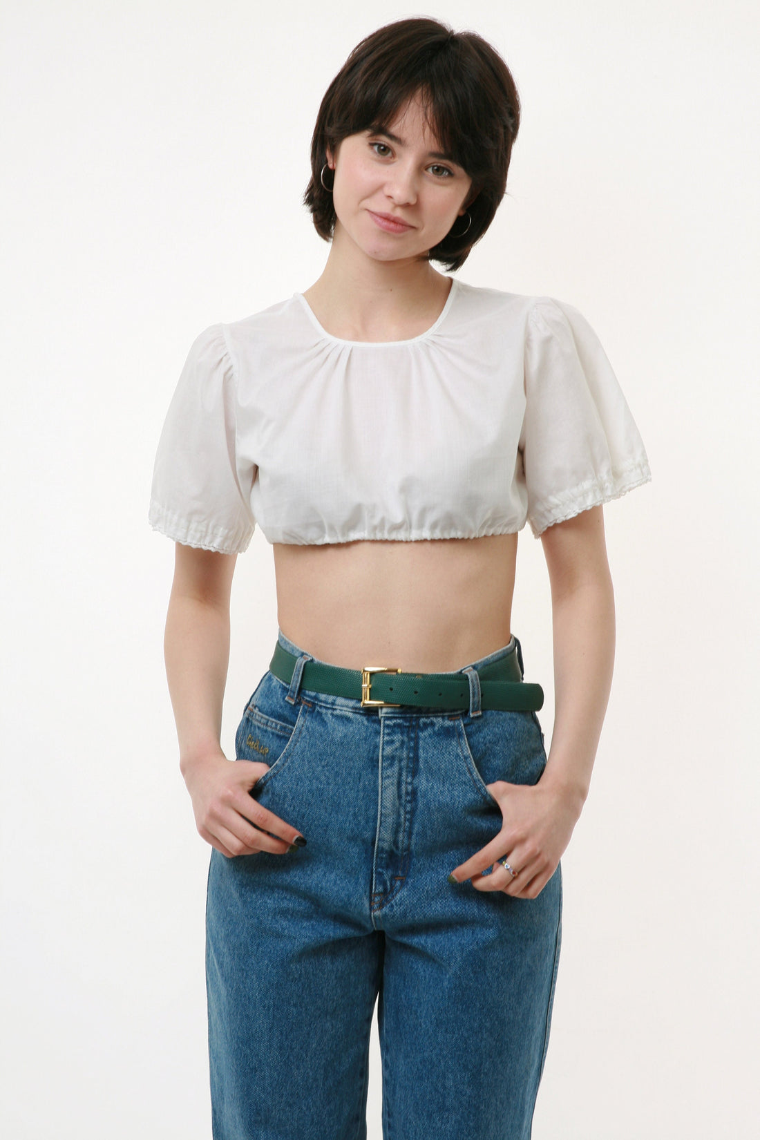 70s Vintage Austrian Traditional Bavarian White Buttons Short Sleeve Crop Top Short Blouse Shirt 2737 Girlfriend Gift Present