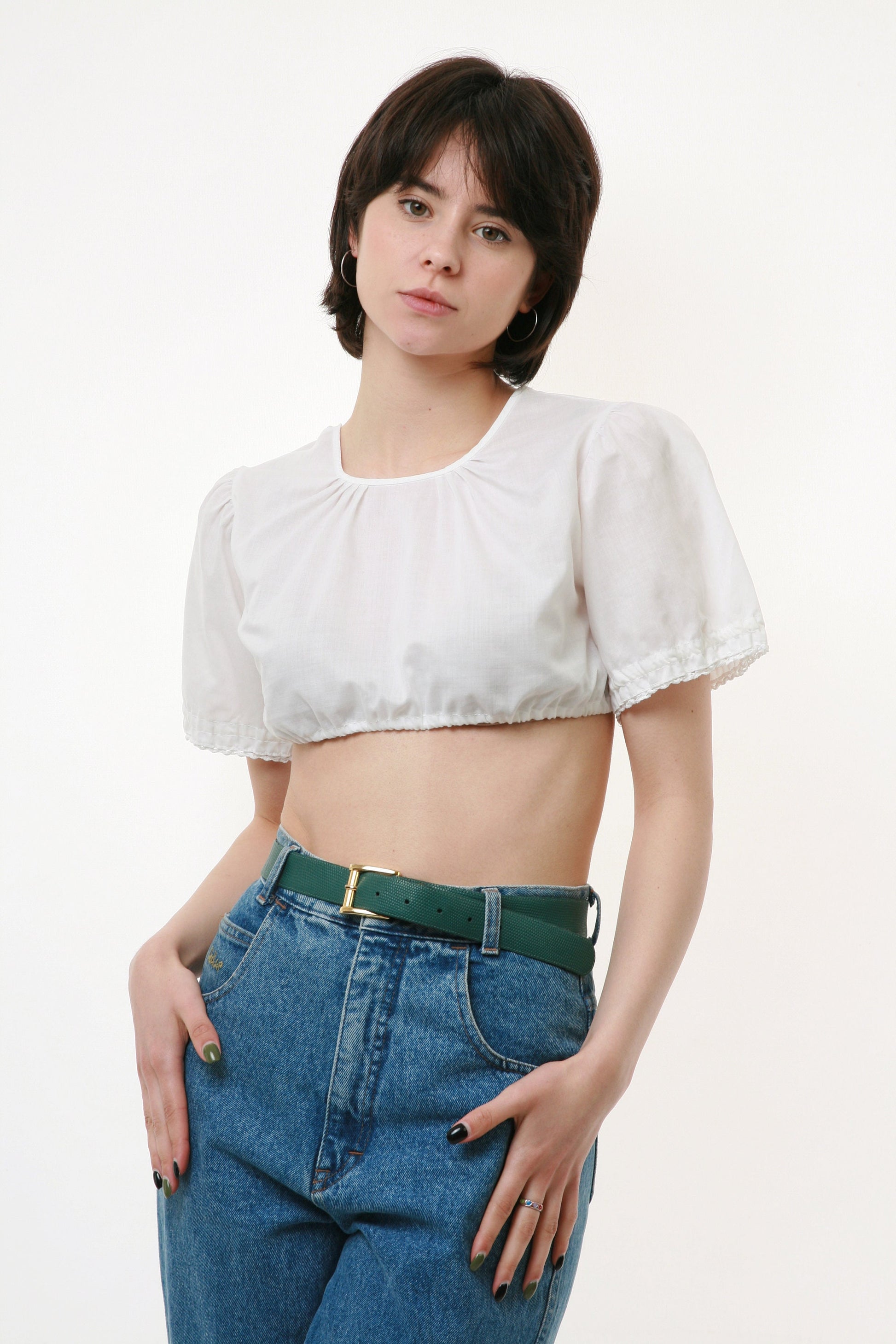 70s Vintage Austrian Traditional Bavarian White Buttons Short Sleeve Crop Top Short Blouse Shirt 2737 Girlfriend Gift Present