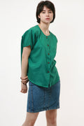 80s Vintage Vtg Rare 100% SILK Seta Seide Soie Natural Fabric Short Sleeve in Green Shirt Buttons Up Blouse 2650