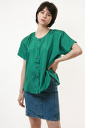 80s Vintage Vtg Rare 100% SILK Seta Seide Soie Natural Fabric Short Sleeve in Green Shirt Buttons Up Blouse 2650