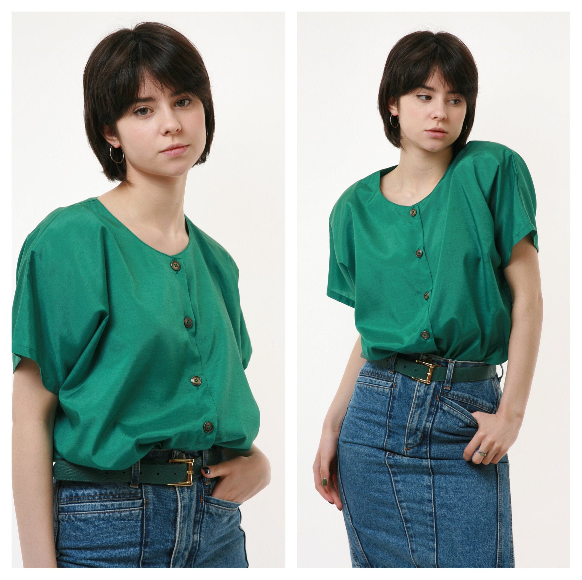 80s Vintage Vtg Rare 100% SILK Seta Seide Soie Natural Fabric Short Sleeve in Green Shirt Buttons Up Blouse 2650