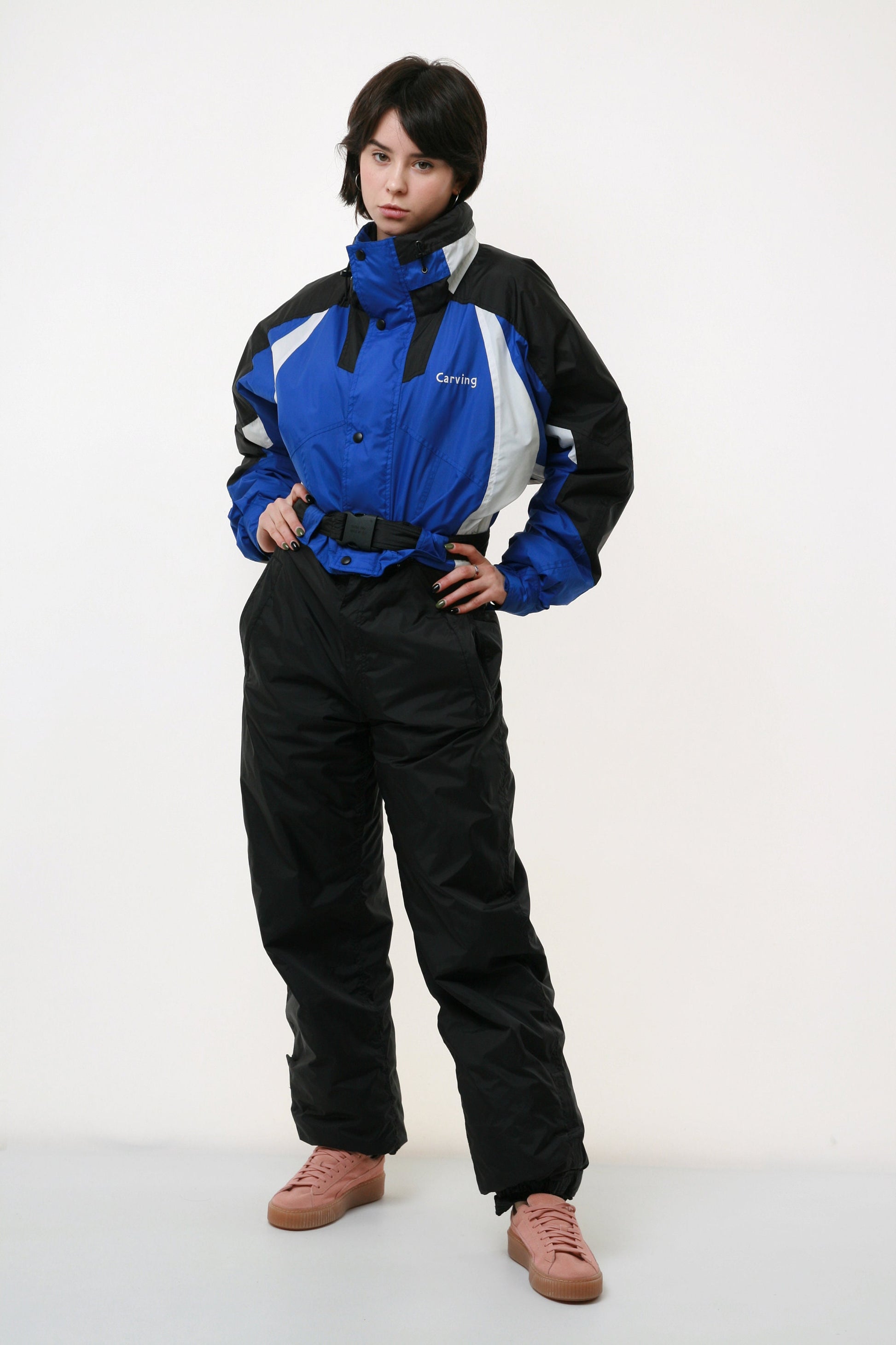 80s Vintage Vtg Rare Sport Winter Ski Skiing Belt No Hood Lined Black and Blue with Draswtring Waist Overalls 18425