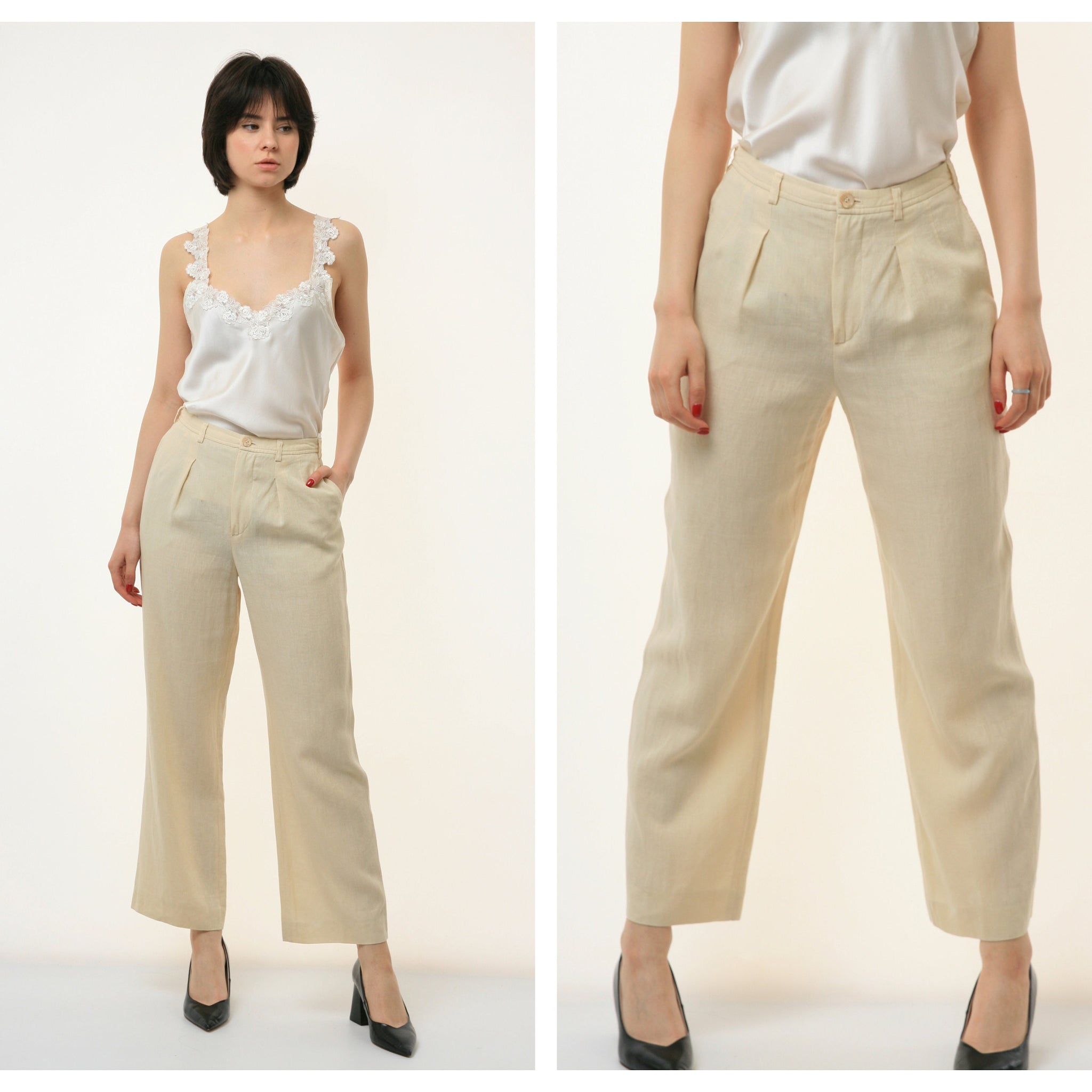 80s Vintage Linen 100% Lino High Waisted MOMs Straight Leg Zip Straight Pants Trousers 2822 Size S Girlfriend Gift