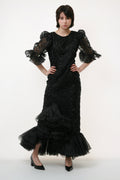 70s Vintage Vtg Rare Black Evening Formal Pencil Maxi Long Short Sleeve Ruffled Puff Sleeve Dress 2682 Girlfriend Gift