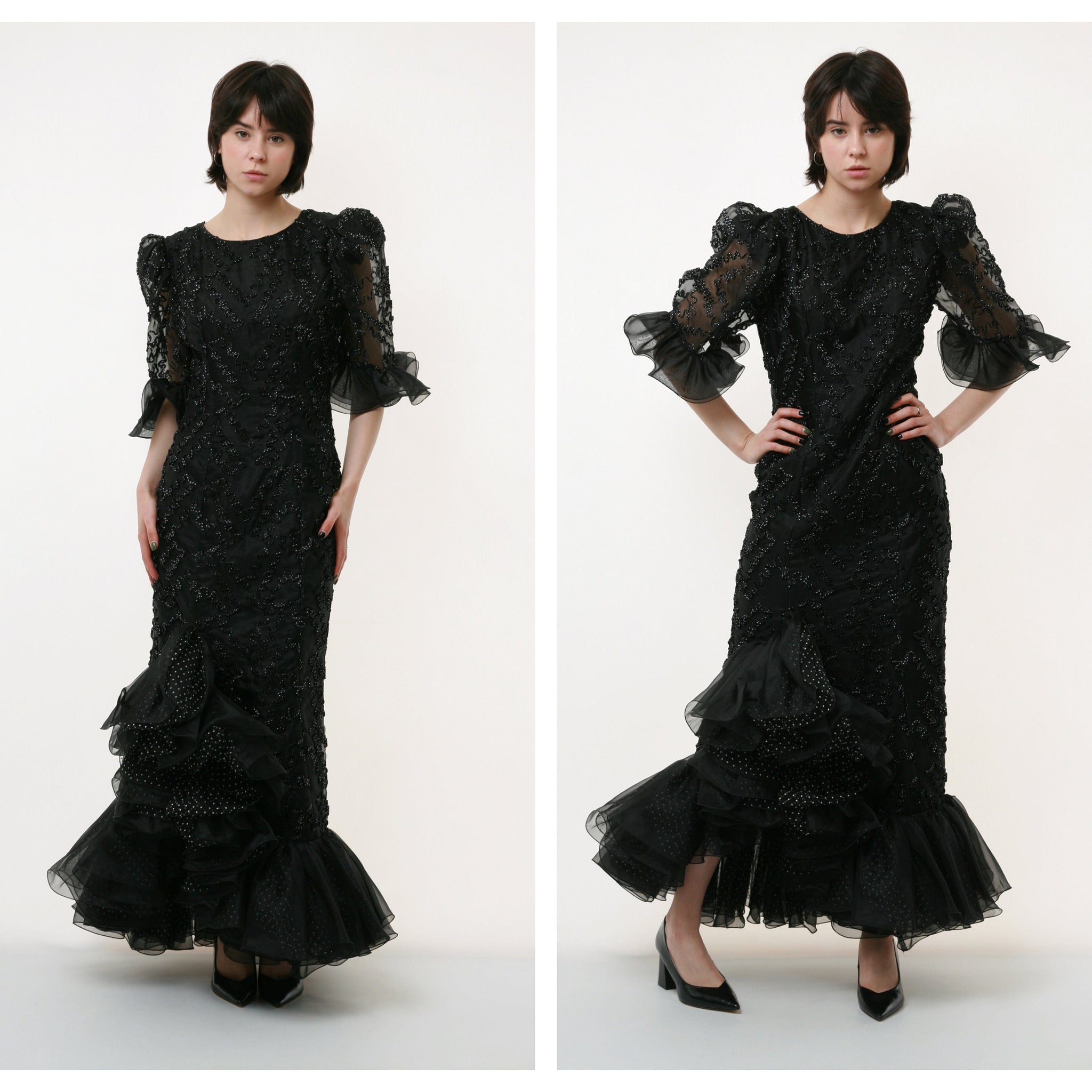 70s Vintage Vtg Rare Black Evening Formal Pencil Maxi Long Short Sleeve Ruffled Puff Sleeve Dress 2682 Girlfriend Gift