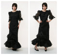 70s Vintage Vtg Rare Black Evening Formal Pencil Maxi Long Short Sleeve Ruffled Puff Sleeve Dress 2682 Girlfriend Gift