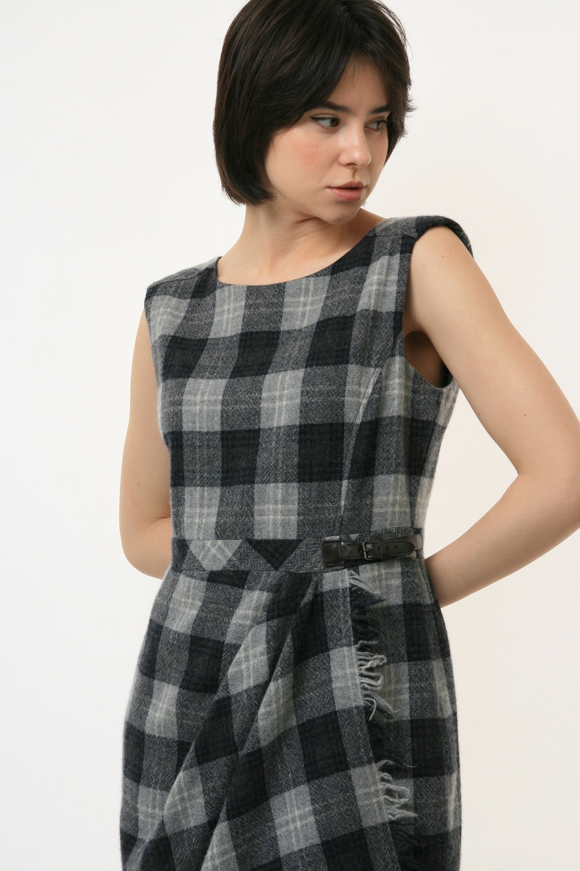 90s Vintage Vtg Rare Short Sleeve Max Mara Wool Lined Fall Checked Grunge Midi Length Pattern Print Zip Dress 2825 Girlfriend Gift