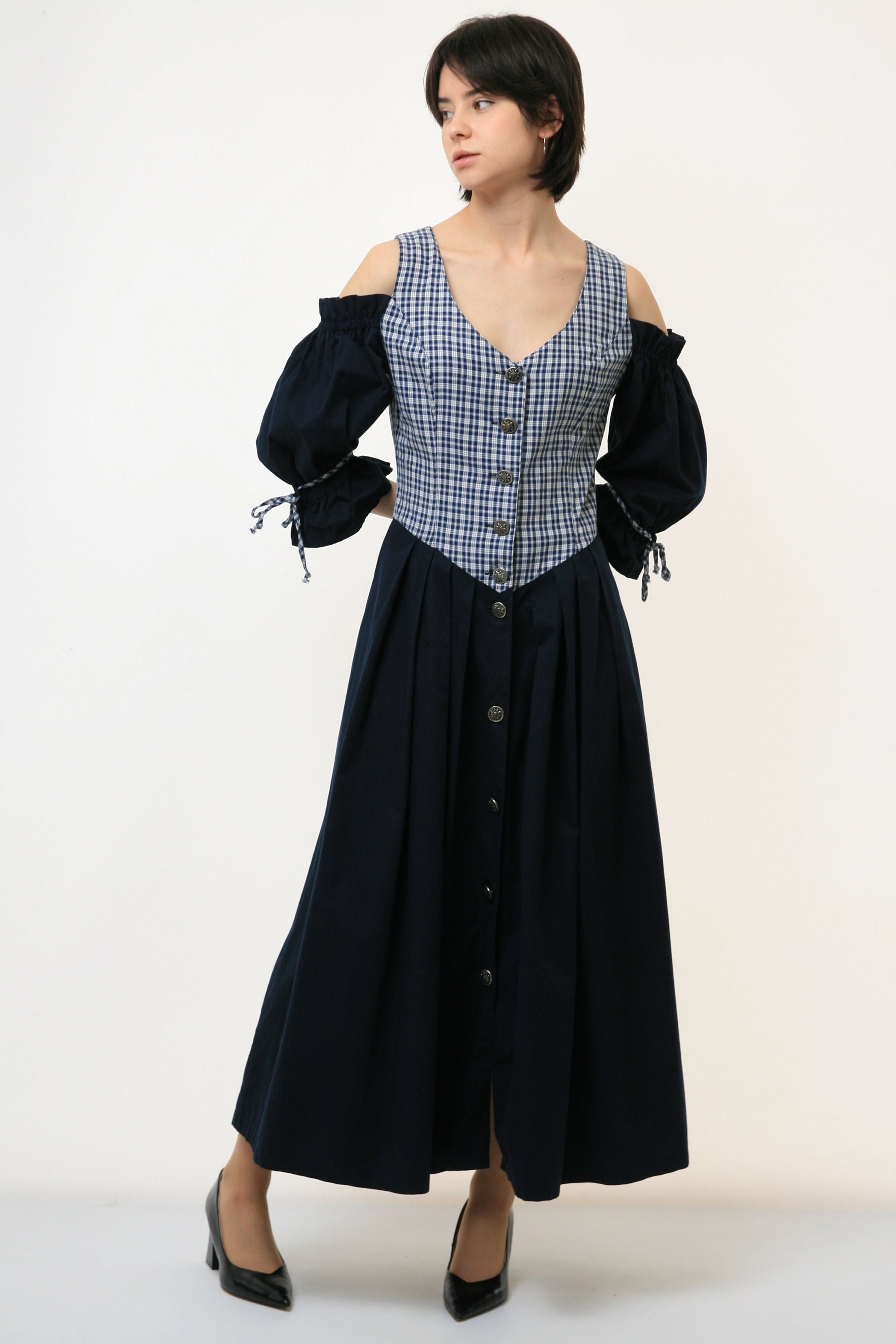 70s Vintage Check Alpen Austrian Traditional Trachten Maxi Dirndl Long Sleeve Salzburg Style Buttons Up Blue Dress 2830 Girlfriend Gift