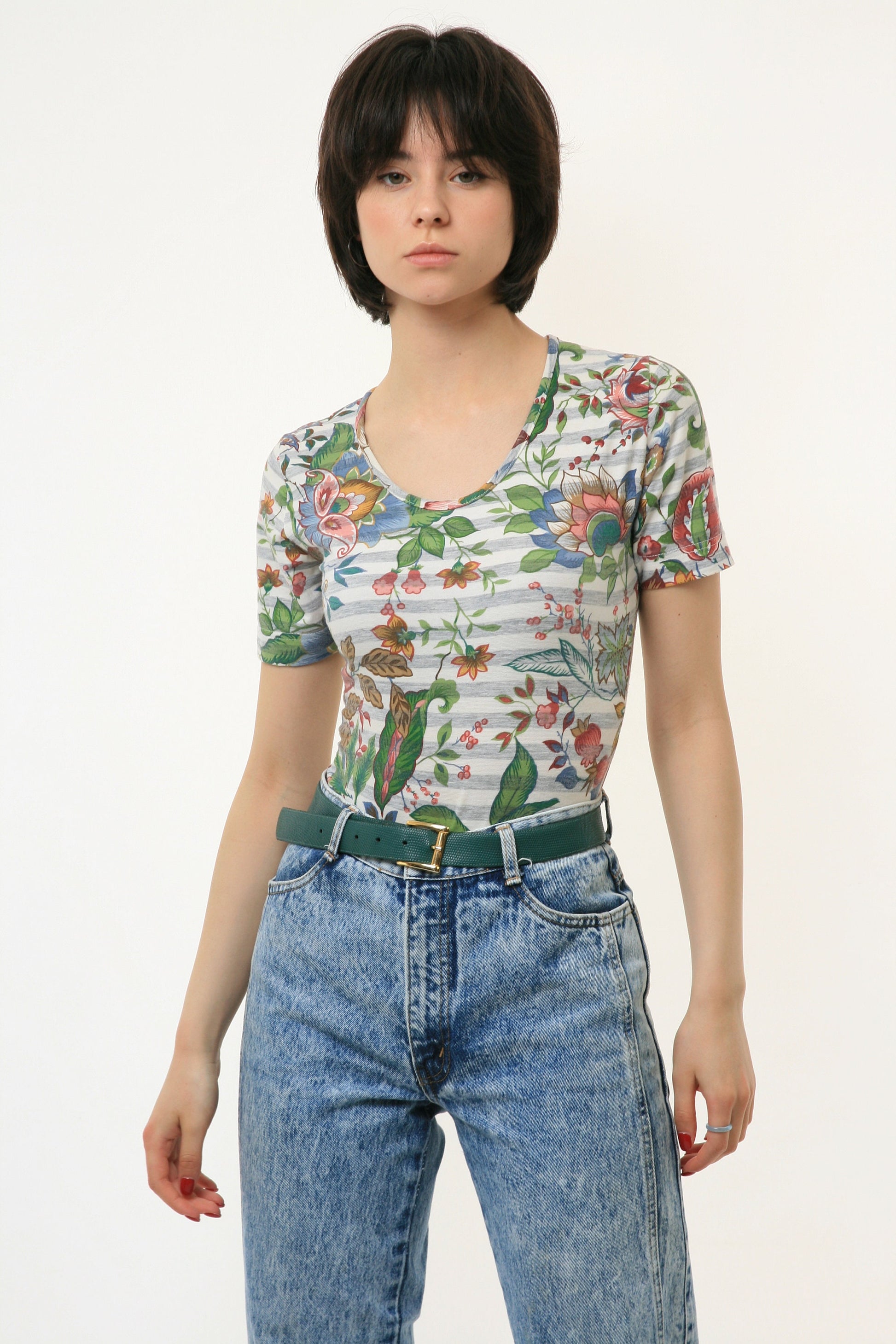 80s Vintage Vtg Rare Cotton Floral Print Short Sleeve Body Suit 2842 Girlfriend Gift Present Size S M