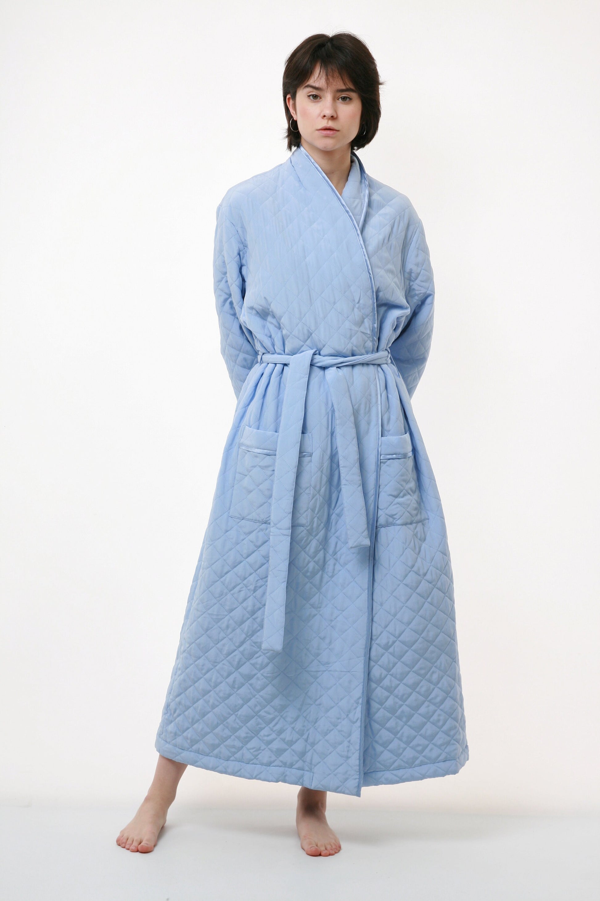 80s Vintage Vtg Rare Boho Style 100% Silk Seta Blue Long Maxi with Belt Long Sleeve Home Dress Robe Gowns 2778 Girlfriend Gift