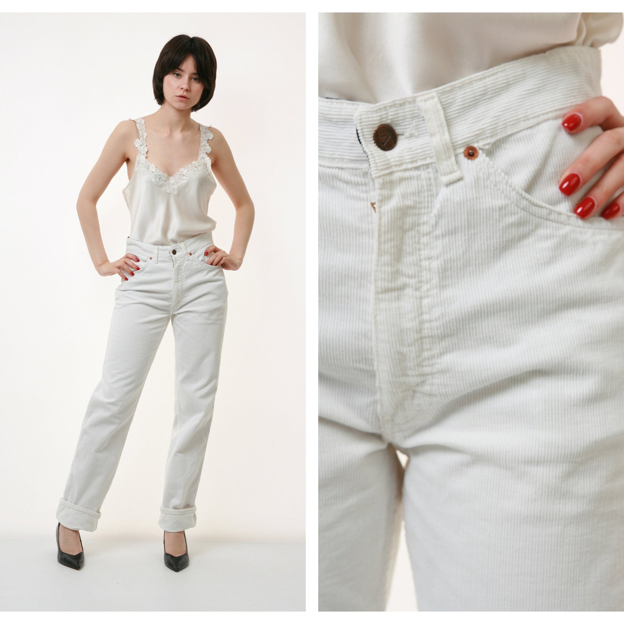 80s Vintage Vtg Rare Valentino White High Waisted Corduroy MOMs Straight Leg Zip Straight Pants Trousers 2814 Size S Girlfriend Gift