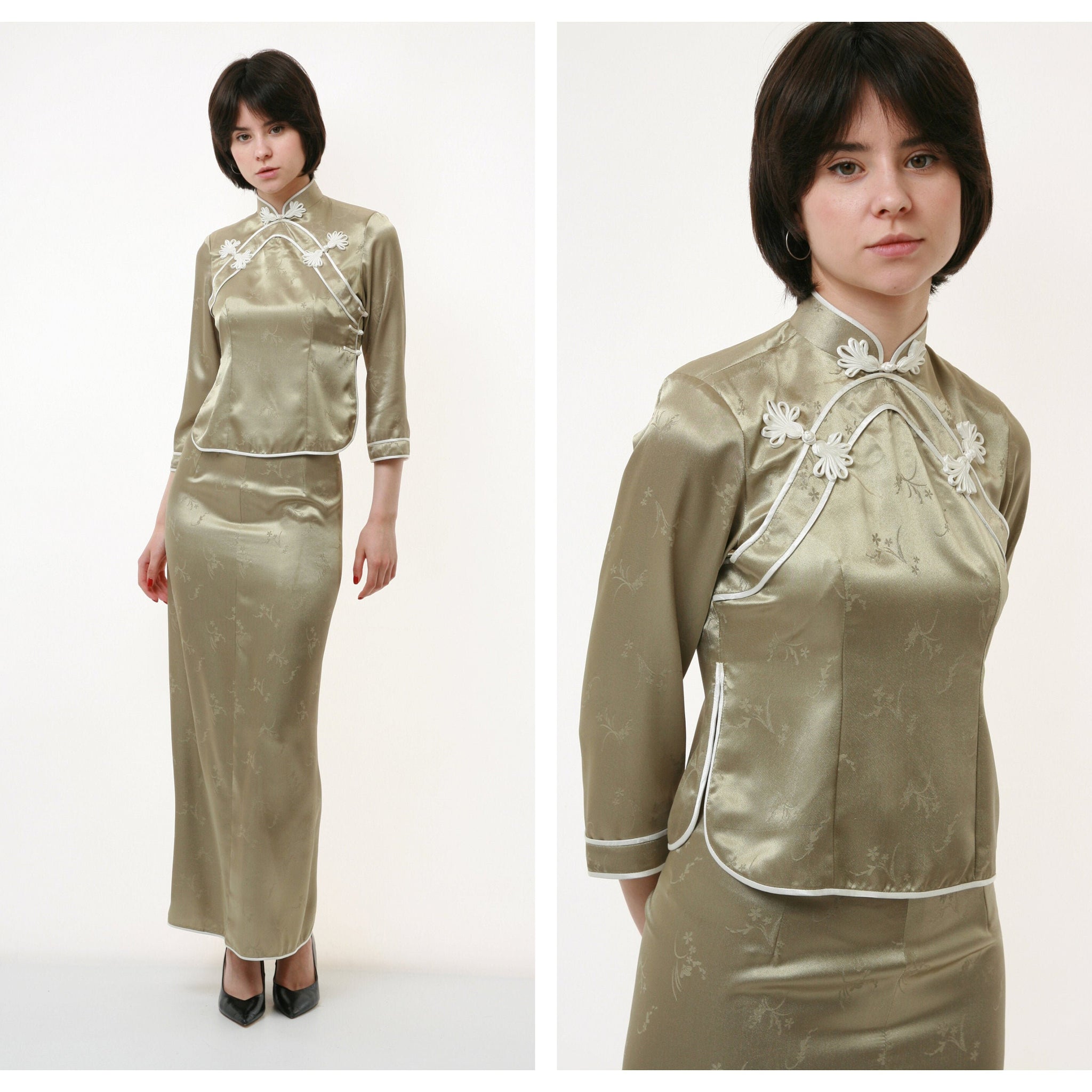 70s Vintage Vtg Rare Chinese Style Vietnamese Rare 100% Silk Seta Seide Blouse Shirt and HIgh Waist Maxi Pencil Skirt 2816