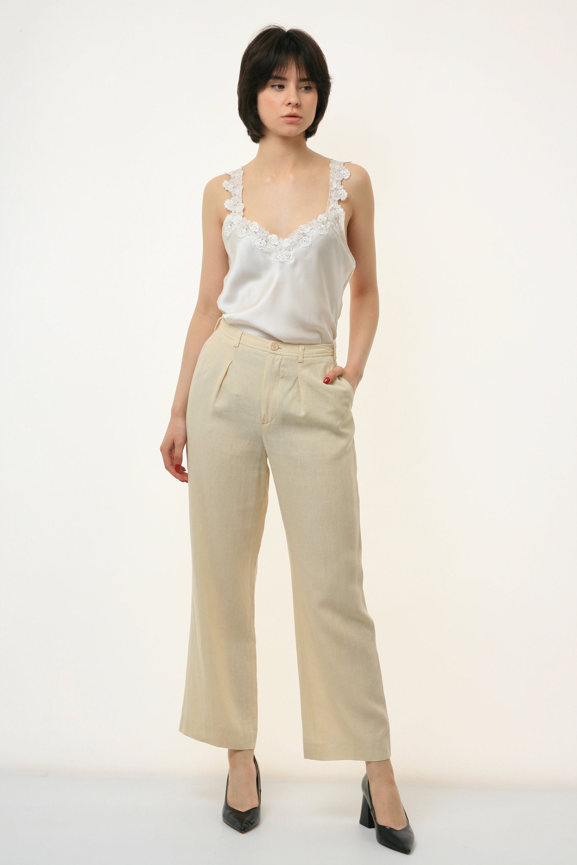 80s Vintage Linen 100% Lino High Waisted MOMs Straight Leg Zip Straight Pants Trousers 2822 Size S Girlfriend Gift