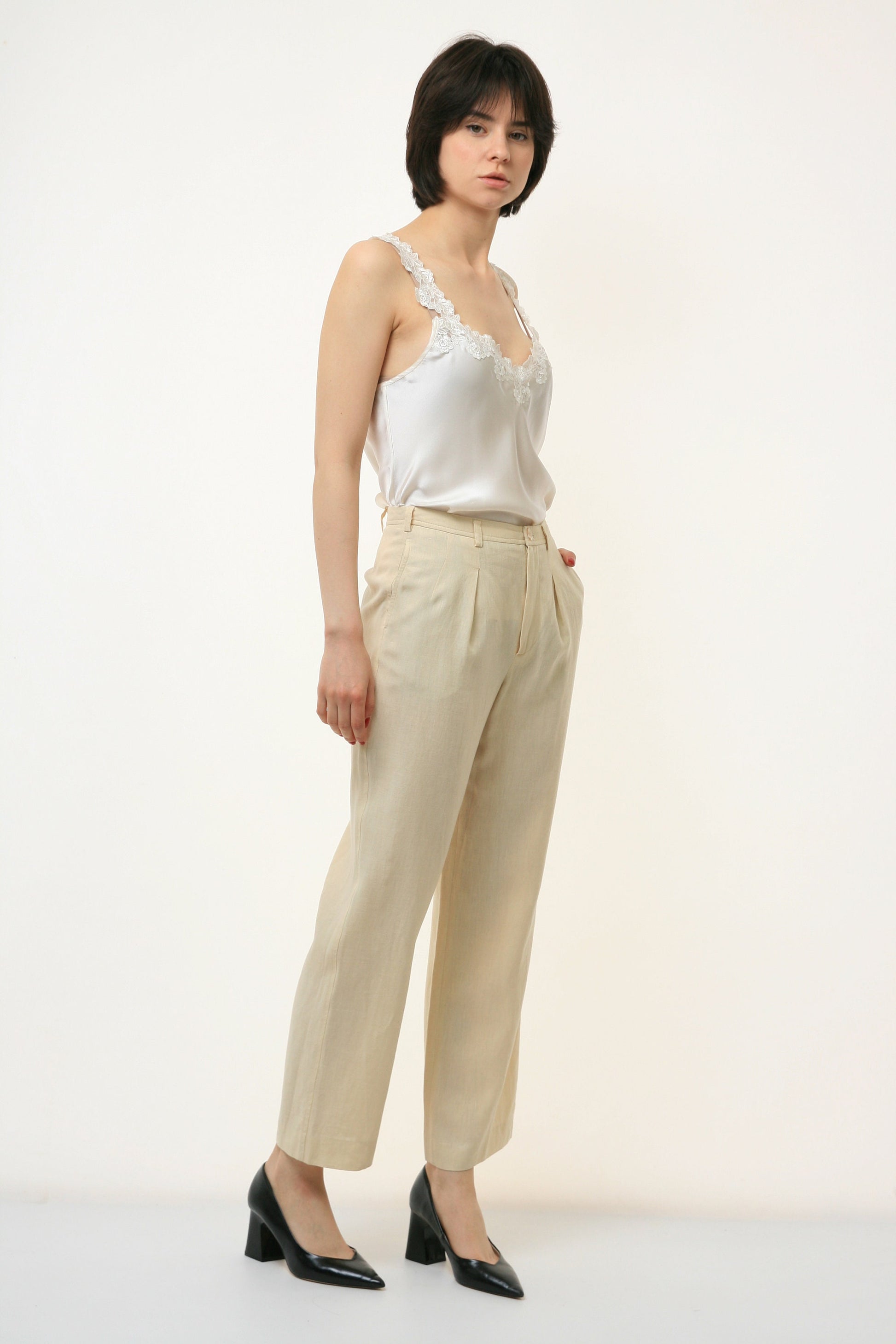 80s Vintage Linen 100% Lino High Waisted MOMs Straight Leg Zip Straight Pants Trousers 2822 Size S Girlfriend Gift