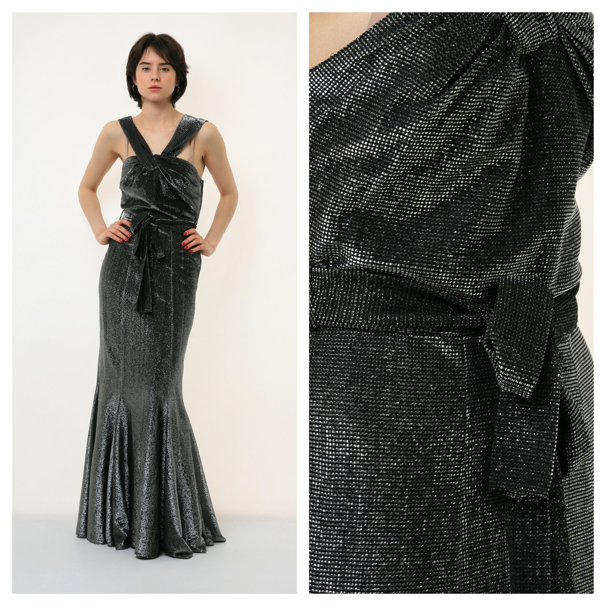 80s Vintage Vtg Rare Vera Mont Silver Maxi Long Sleeveless Pencil Evening Dress 2993 Girlfriend Gift Size S