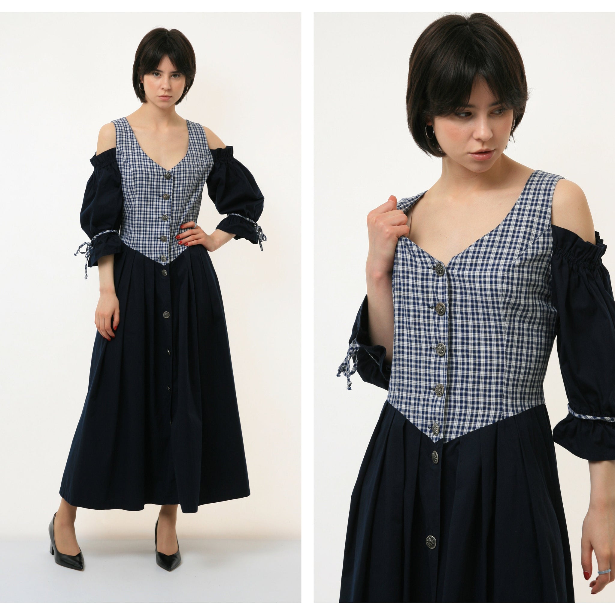 70s Vintage Check Alpen Austrian Traditional Trachten Maxi Dirndl Long Sleeve Salzburg Style Buttons Up Blue Dress 2830 Girlfriend Gift