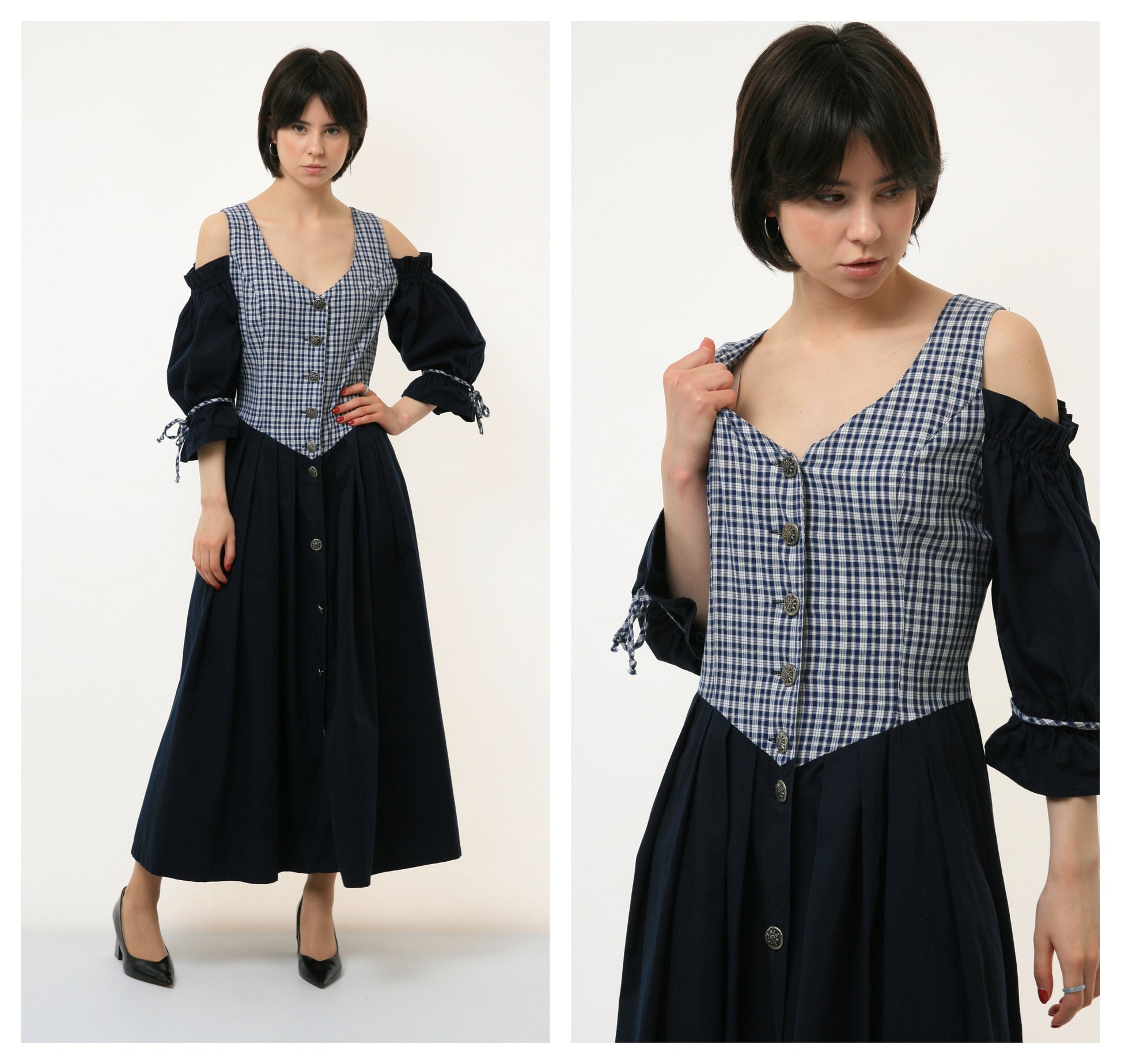 70s Vintage Check Alpen Austrian Traditional Trachten Maxi Dirndl Long Sleeve Salzburg Style Buttons Up Blue Dress 2830 Girlfriend Gift