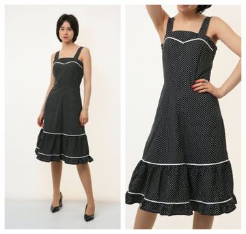 70s Vintage Vtg Rare 100% Cotton A Line Polka Dot Sleeveless Midi Knee Length Dress 2838 Girlfriend Gift Present Size S M