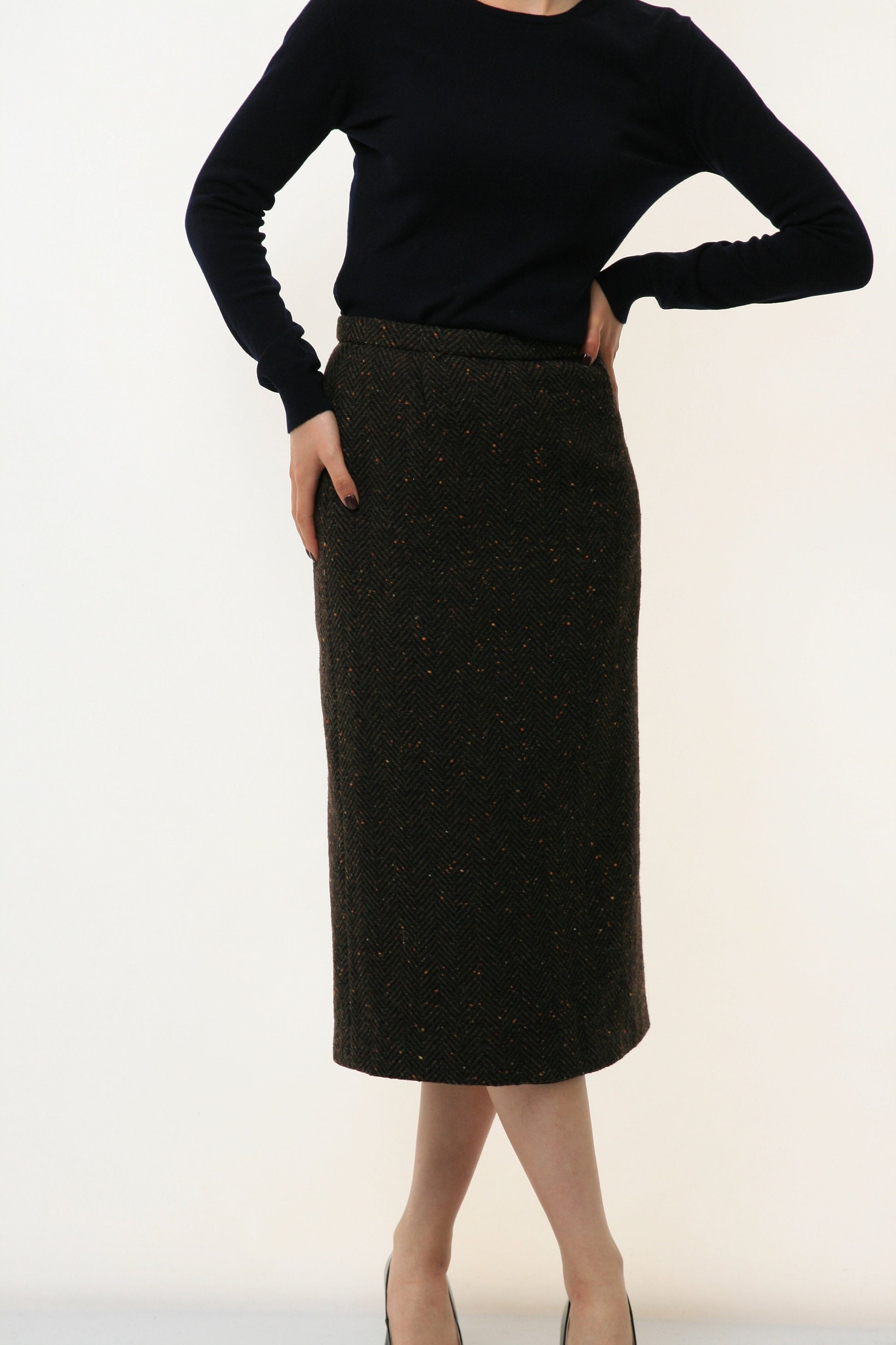 Wool 80s Vintage Vtg Rare Retro 100% Wool High Waisted Pencil Midi Length Skirt 3101 Girlfriend Gift Present Size S