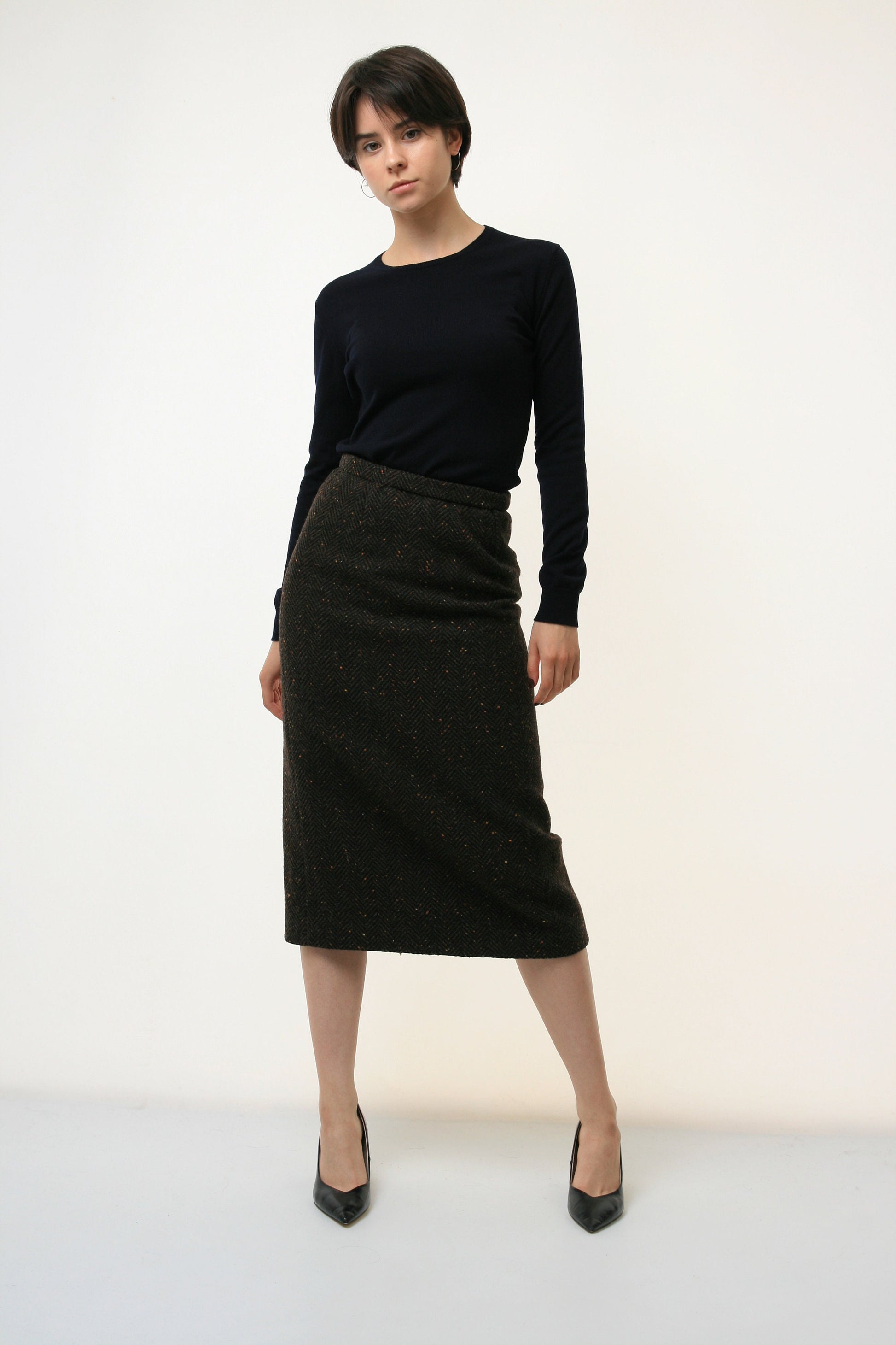 Wool 80s Vintage Vtg Rare Retro 100% Wool High Waisted Pencil Midi Length Skirt 3101 Girlfriend Gift Present Size S