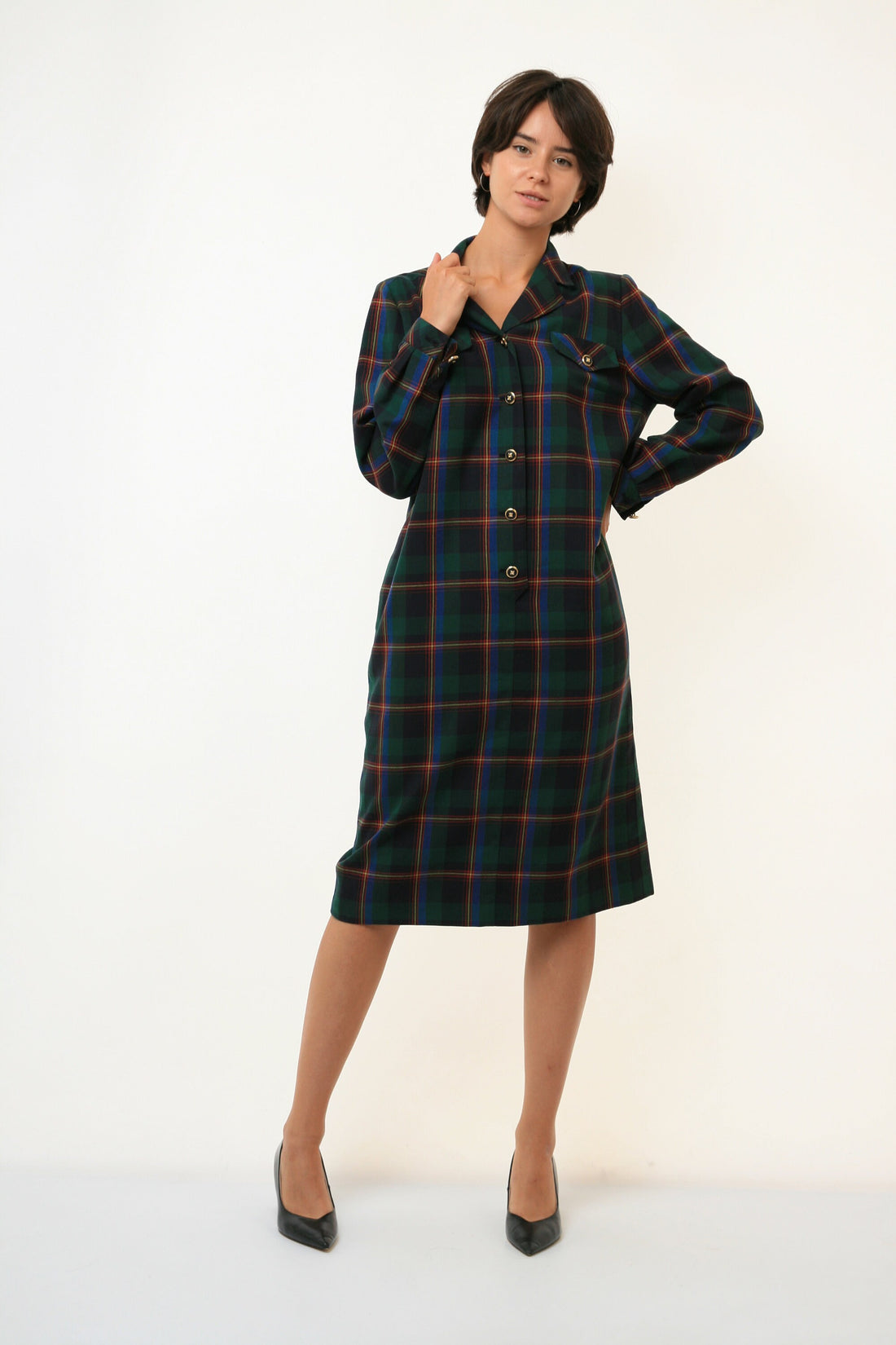 80s Vintage Midi Woman Wool Check Long Sleeve Dress 3281/ 80s Vintage Woman Check Midi Dress/ Vintage Woman Fall Gift Dress size Medium