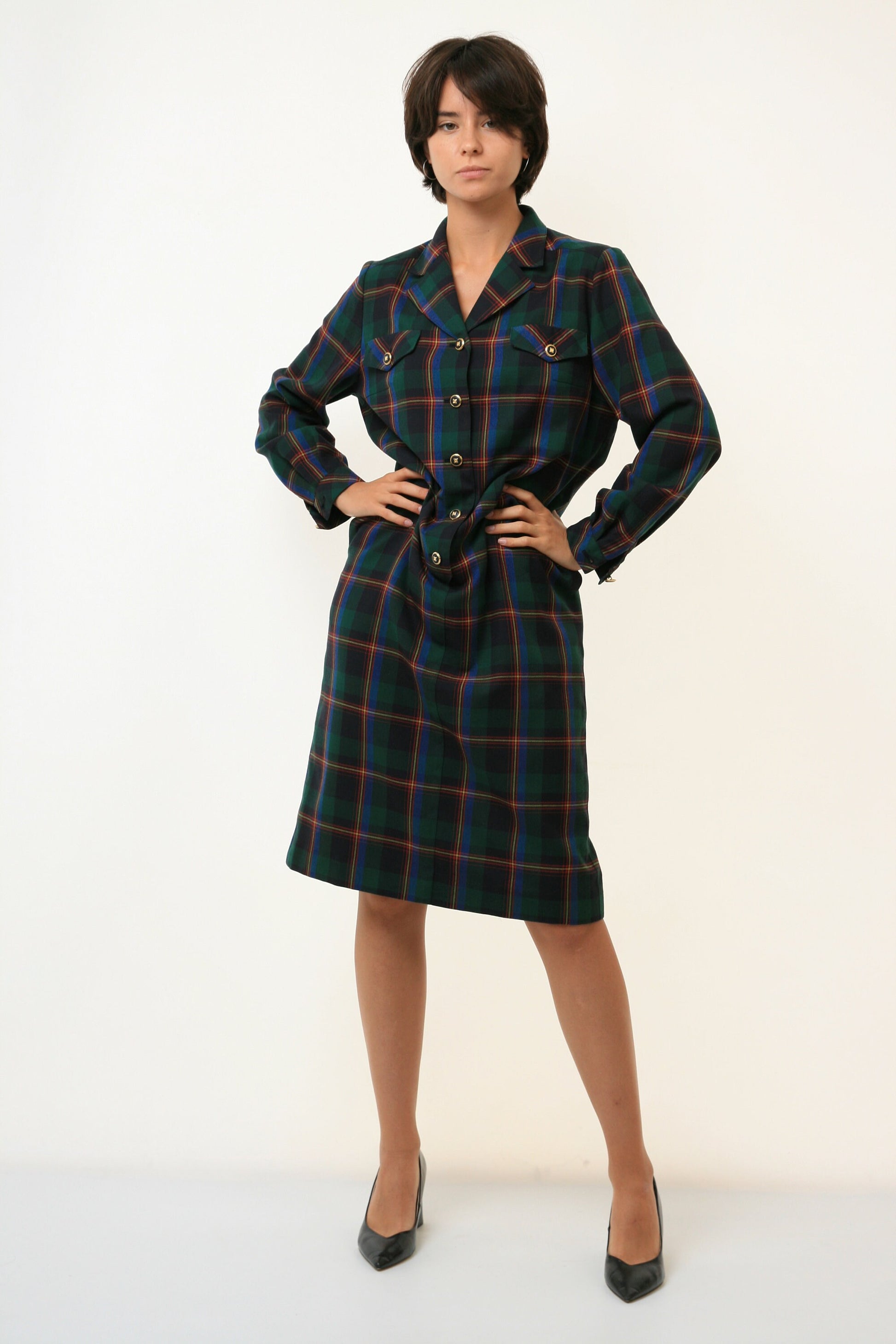 80s Vintage Midi Woman Wool Check Long Sleeve Dress 3281/ 80s Vintage Woman Check Midi Dress/ Vintage Woman Fall Gift Dress size Medium