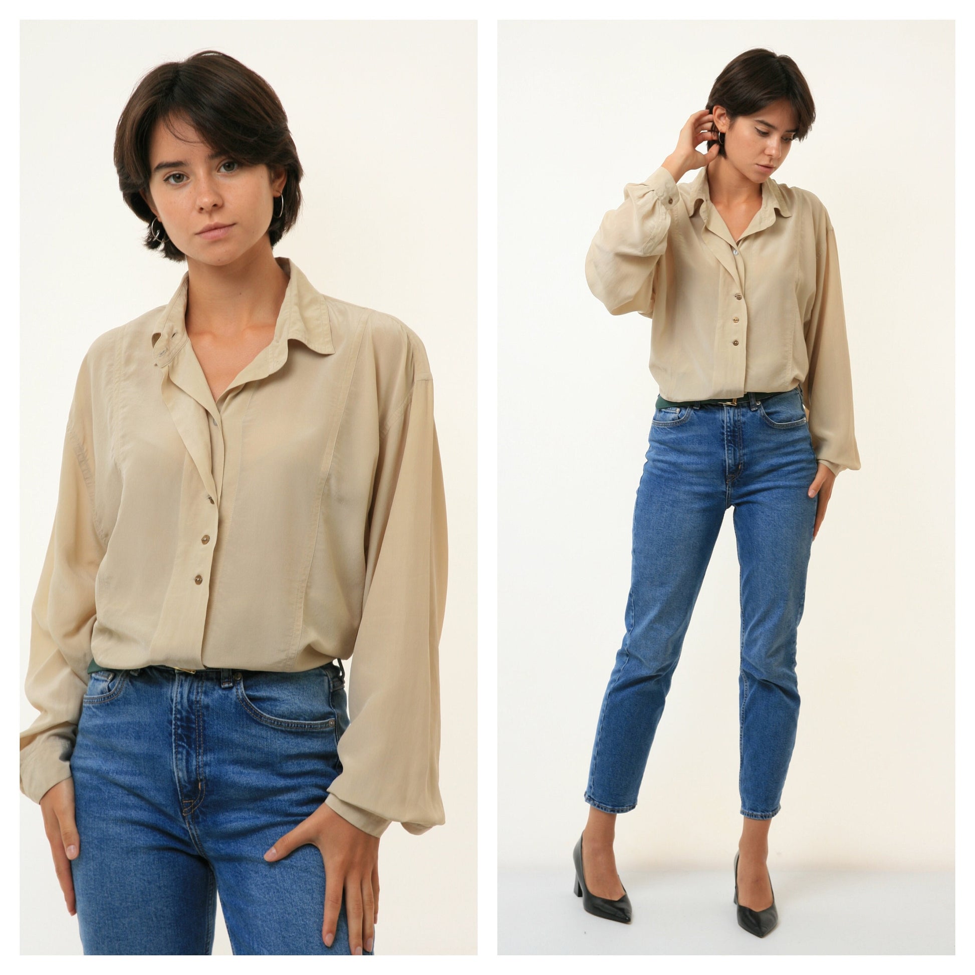 80s Vintage Vtg Rare 100% SILK Seta Seide Soie Natural Fabric Long Sleeve in Beige Oversized Shirt Buttons Up Blouse 3267 Size S M