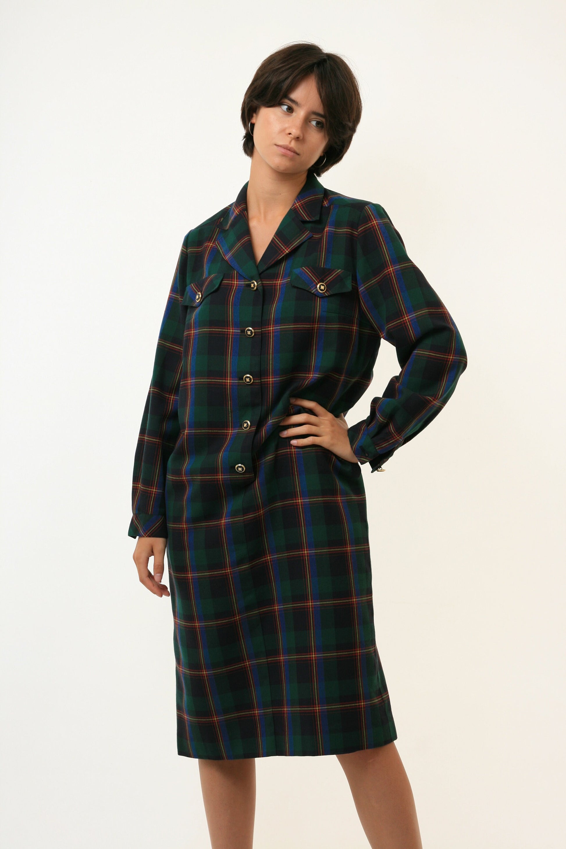 80s Vintage Midi Woman Wool Check Long Sleeve Dress 3281/ 80s Vintage Woman Check Midi Dress/ Vintage Woman Fall Gift Dress size Medium