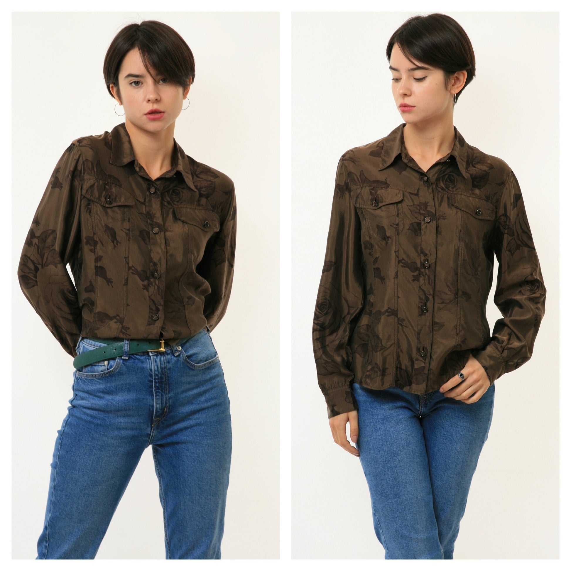 Vintage Woman Brown Classic Max Mara Long Sleeve Oversized Buttons Up Woman Blouse/80s Vintage Brown Max Mara Blouse Shirt 3309