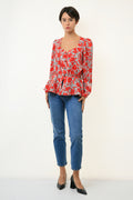 Vintage Woman Classic Floral Red Long Sleeve Oversized Buttons Up Woman Blouse/ 80s Vintage Floral Red Blouse Shirt 3319