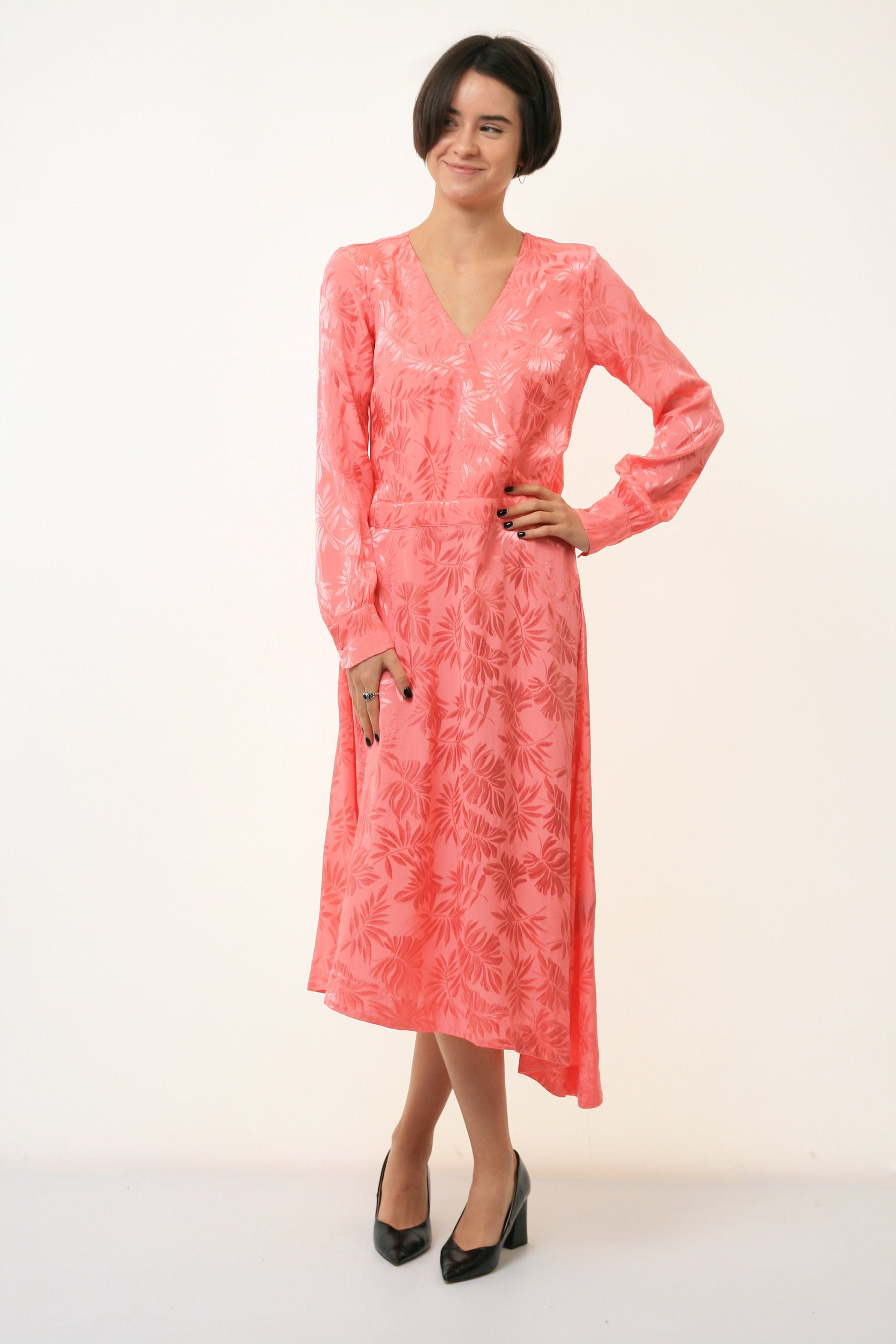 70s Vintage Woman Pink Summer Long Sleeve A Line Midi Dress size Small 3401/ Vintage Woman Midi A Line Pink Dress/ Vitage Woman Dress