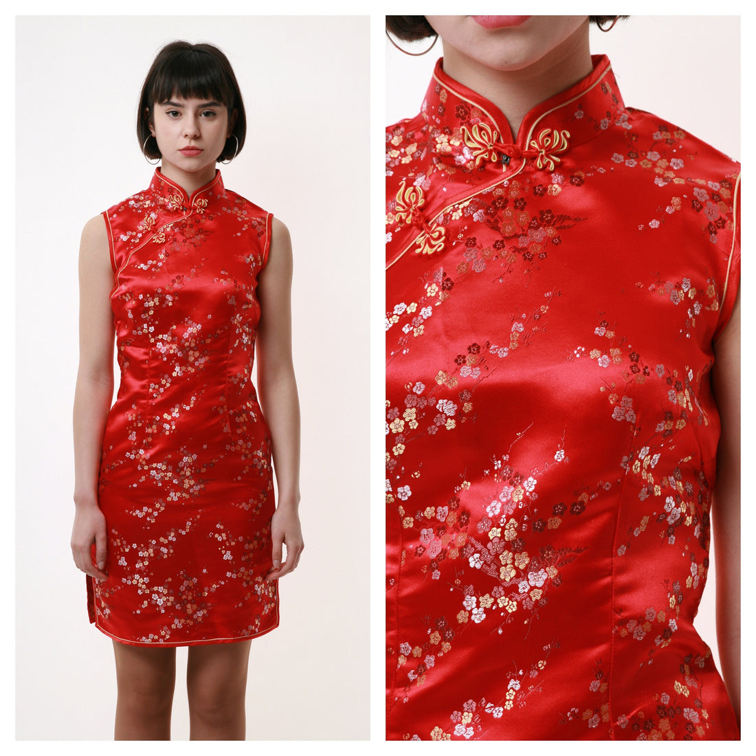 70s Vintage Chinese Style in Red Pencil Knee Dress 1626 Girlfriend Gift Present/ Vintage Woman Chinese Vietnamese Cheongsam Dress size S