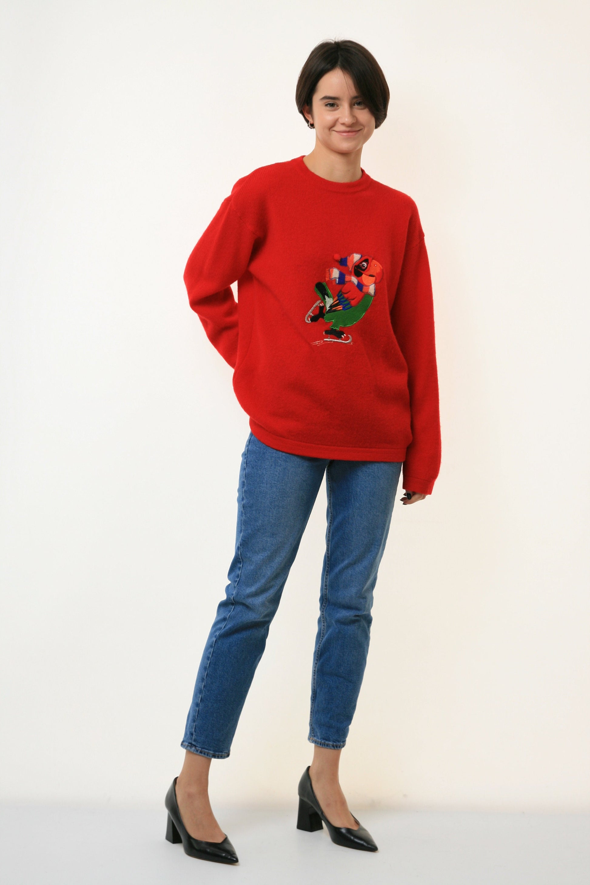 80s Vintage Woman Benetton Wool Embroidered Print Logo Woman Crew Neck Jumper Sweater 3466/ Vintage Woman Wool Emroidered Sweater