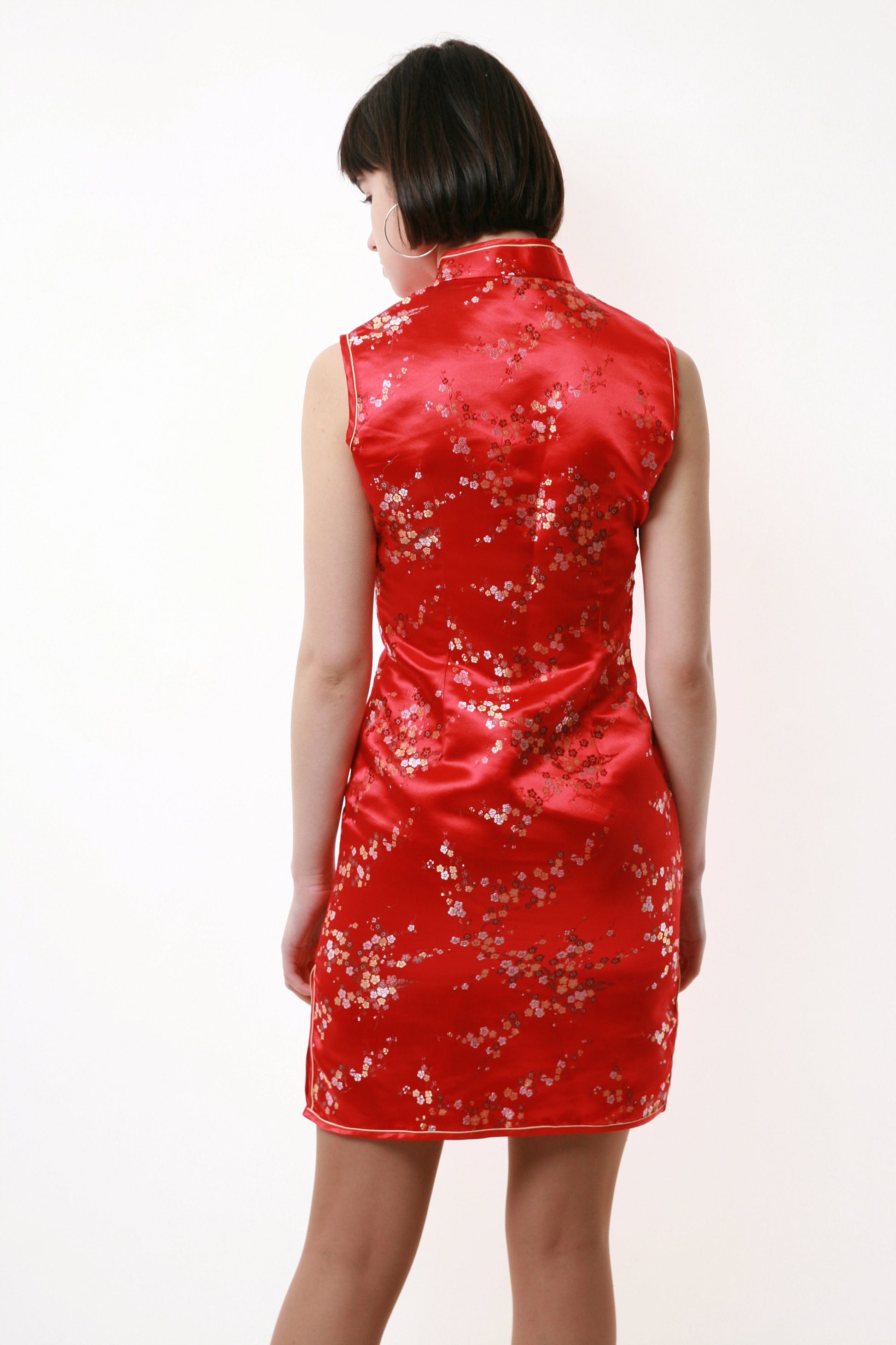 70s Vintage Chinese Style in Red Pencil Knee Dress 1626 Girlfriend Gift Present/ Vintage Woman Chinese Vietnamese Cheongsam Dress size S