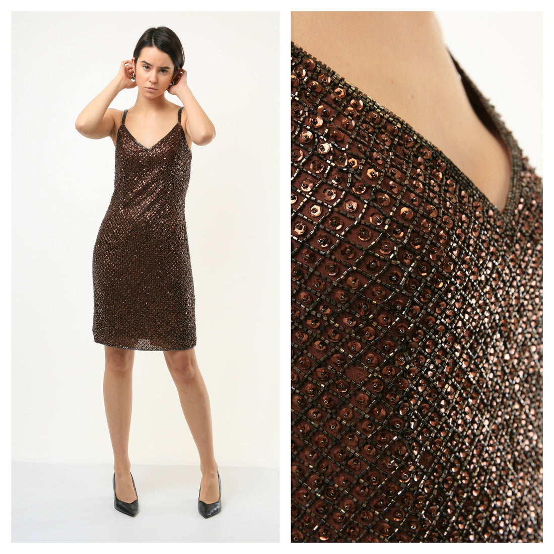 80s Vintage Woman Sequins Mini Disco Brown Dress size S Small 3679/ Vintage Woman Sequis Disco Mini Dress/ Vintage Y2k Mini Dress