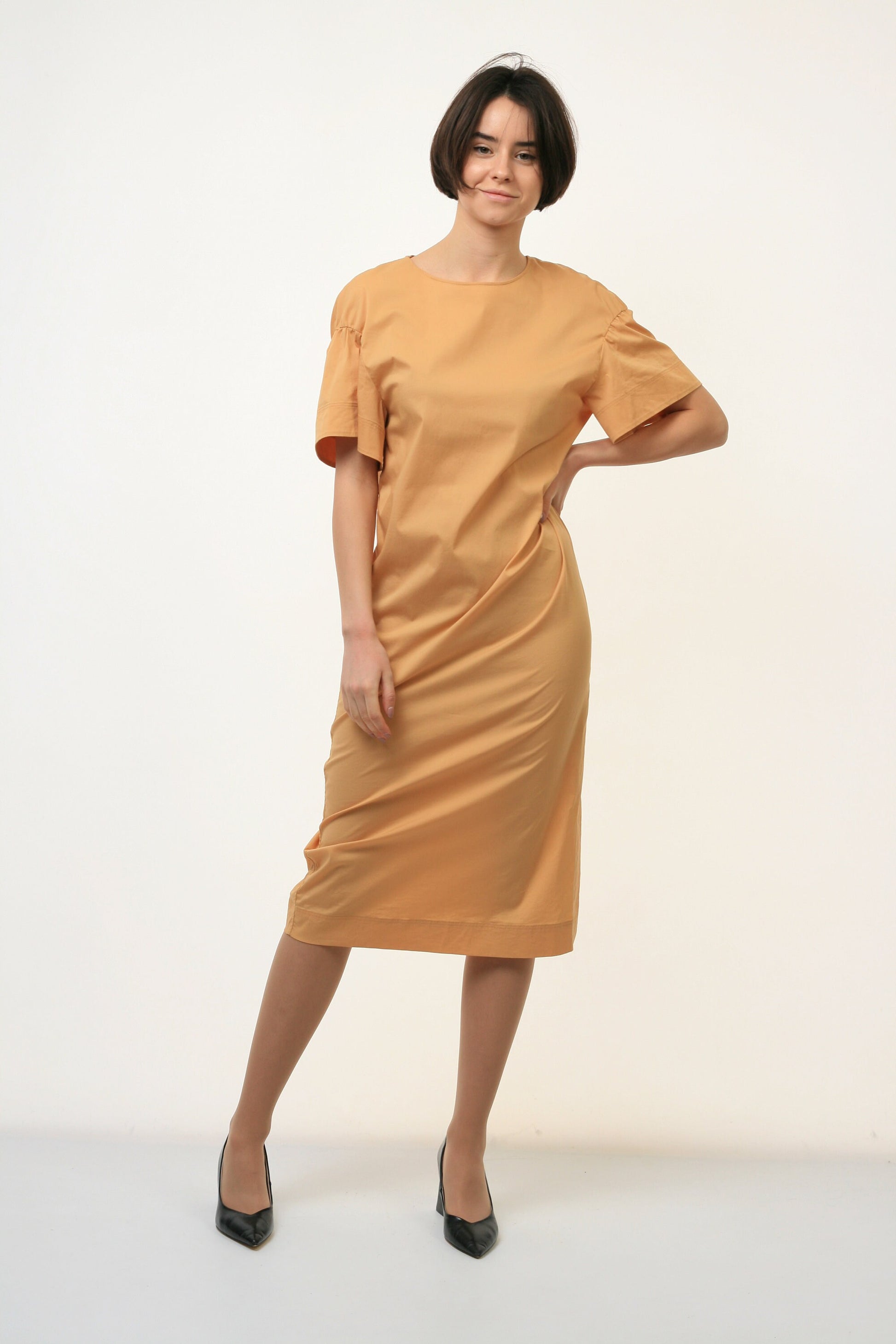 80s Vintage Y2k Midi Length Yellow Wide Pencil Short Sleeve Dress size S Small 3554/ Vintage Woman Midi Length Dress/ Vintage Woman Dress