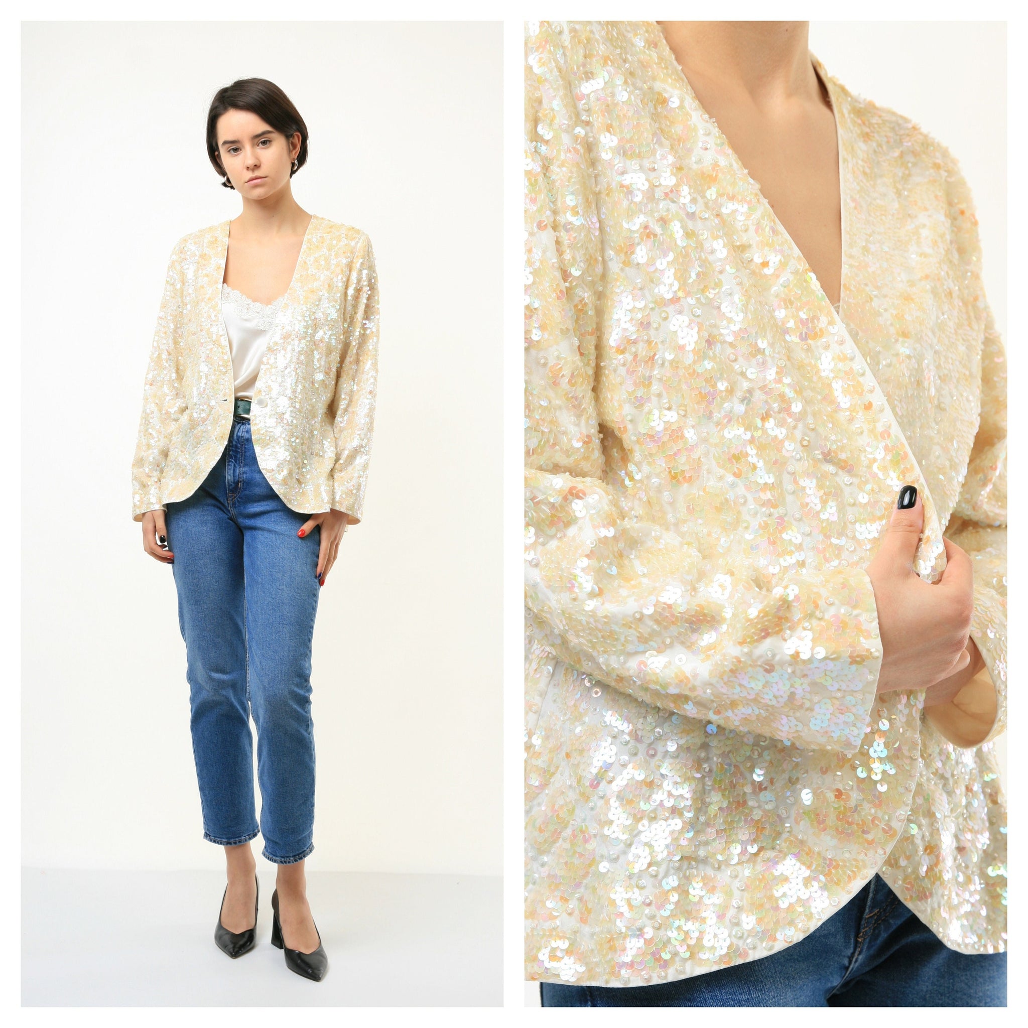 80s Vintage Woman Sequins White Disco Blazer size S Small 3724/ Vintage Woman Sequis Disco Woman Blazer/ Vintage Y2k Blazer Jacket