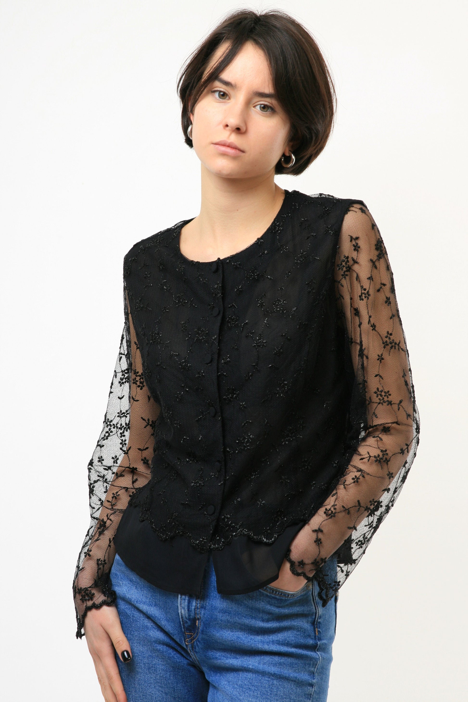 80s Vintage Oldschool Lace Woman Retro Blouse size Small. Vintage Woman Lace Evening Buttons Shirt. Vintage Woman Blouse. Size S Small