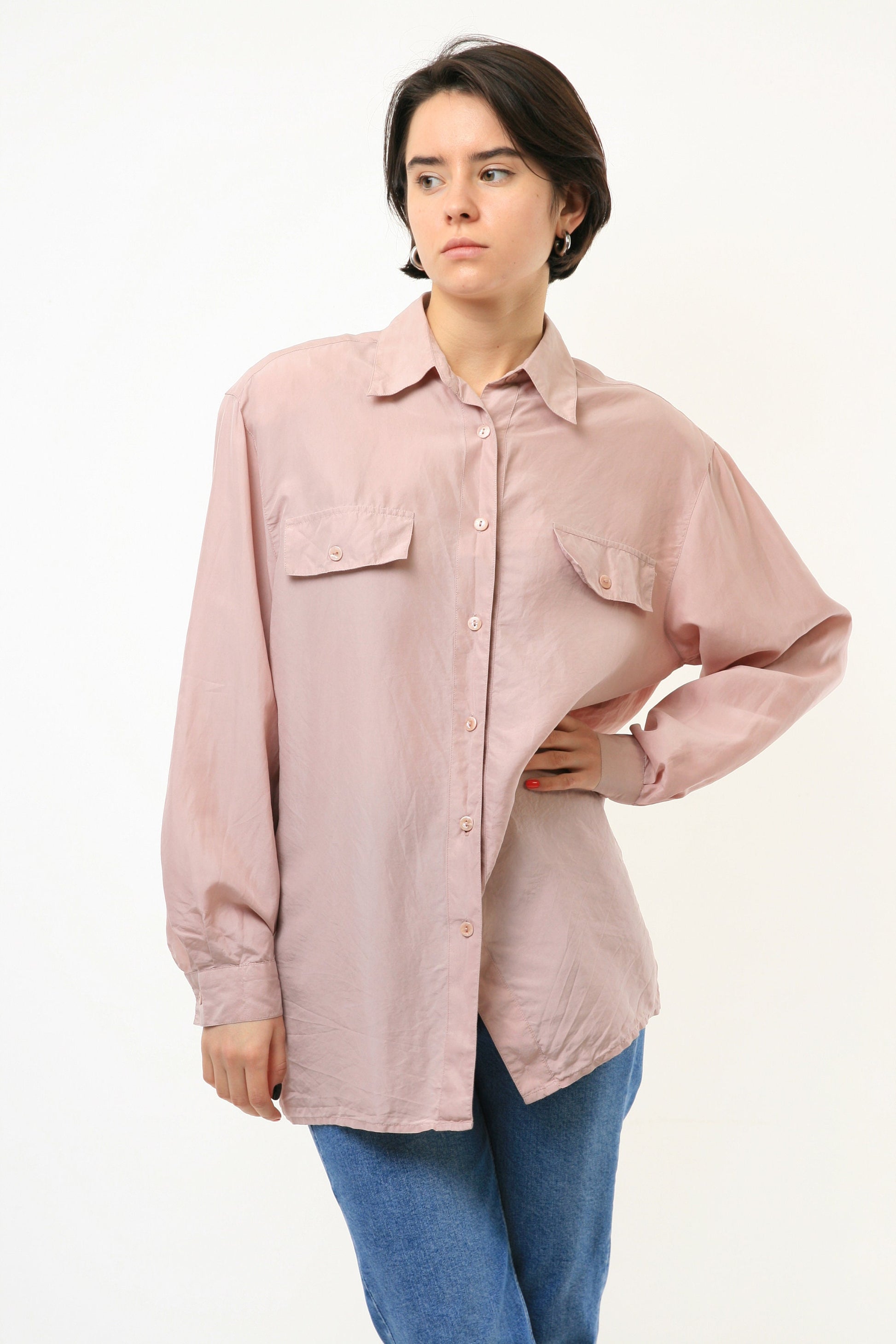 80s Vintage Vtg Rare 100% Silk Seta Dirty Pink Buttons Up Blouse Shirt Oversized Summer 3747 Girlfriend Gift/ Vintage Woman Blouse