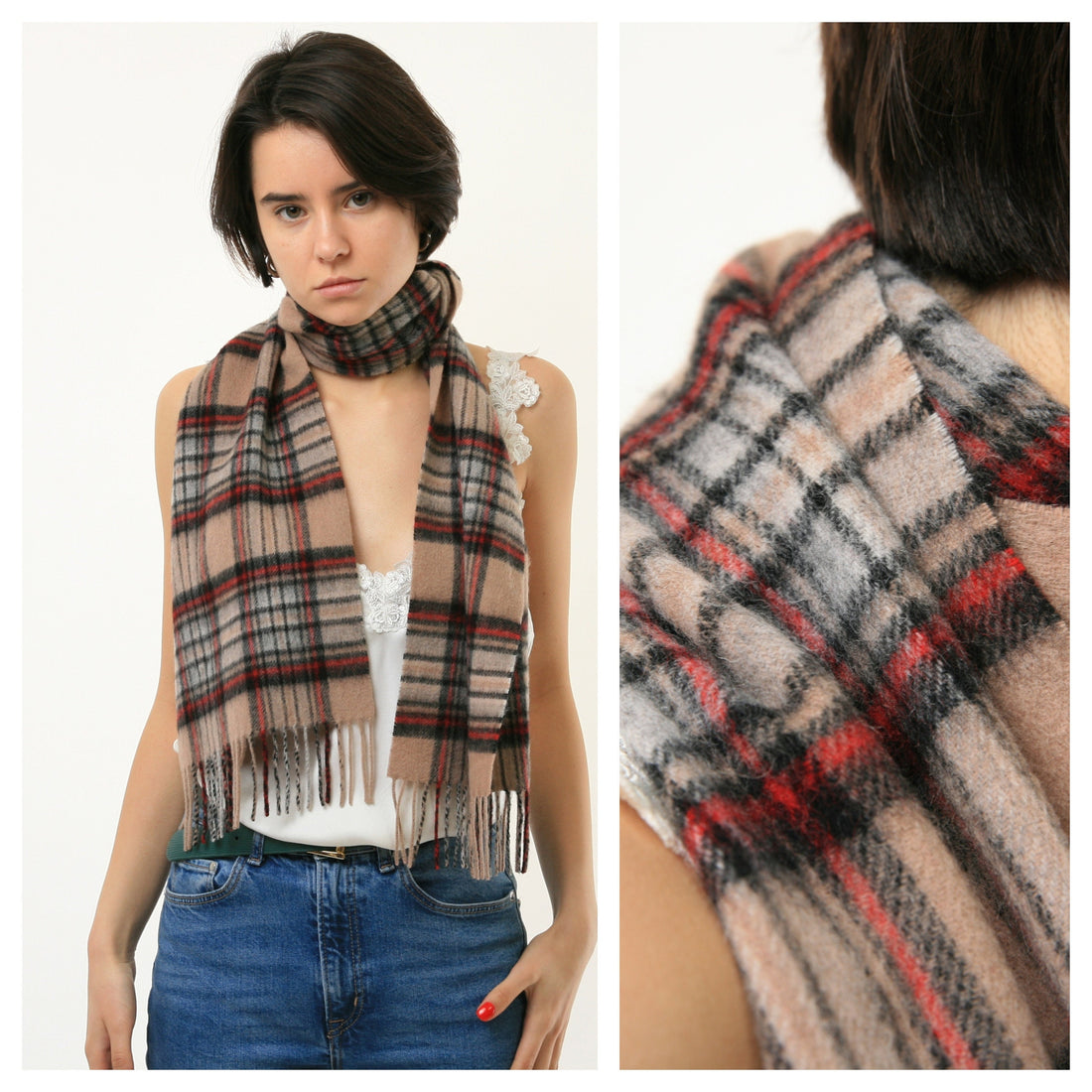 70s Vintage Rare Beige Tartan Checked Scotland Lambswool Scarf Woman Vintage Accesories LambsWool Scarf Woman Gift Girl Gift Present 3764