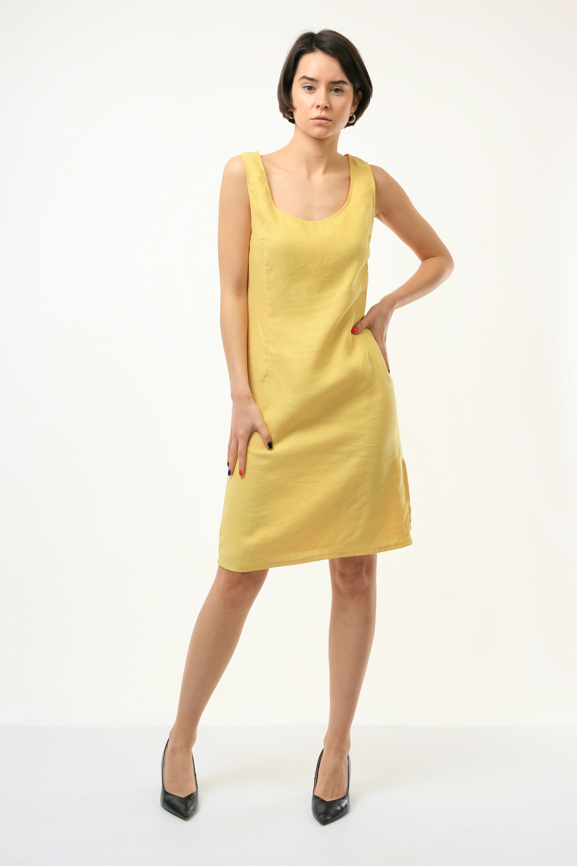 90s Vintage 100% Linen Yellow Sleeveless Mini Pencil Mini Length Summer Dress size S Small 3665/ Vintage Small Yellow Dress/ Y2k Dress