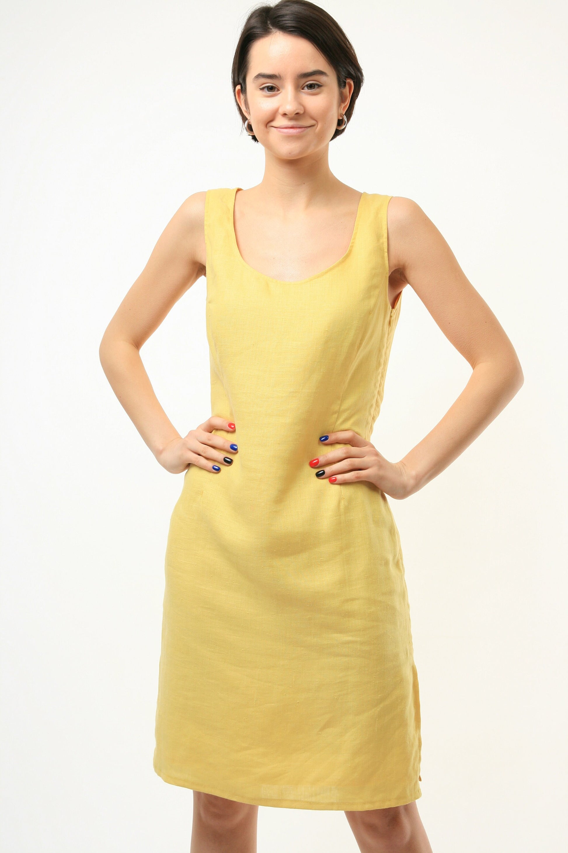 90s Vintage 100% Linen Yellow Sleeveless Mini Pencil Mini Length Summer Dress size S Small 3665/ Vintage Small Yellow Dress/ Y2k Dress