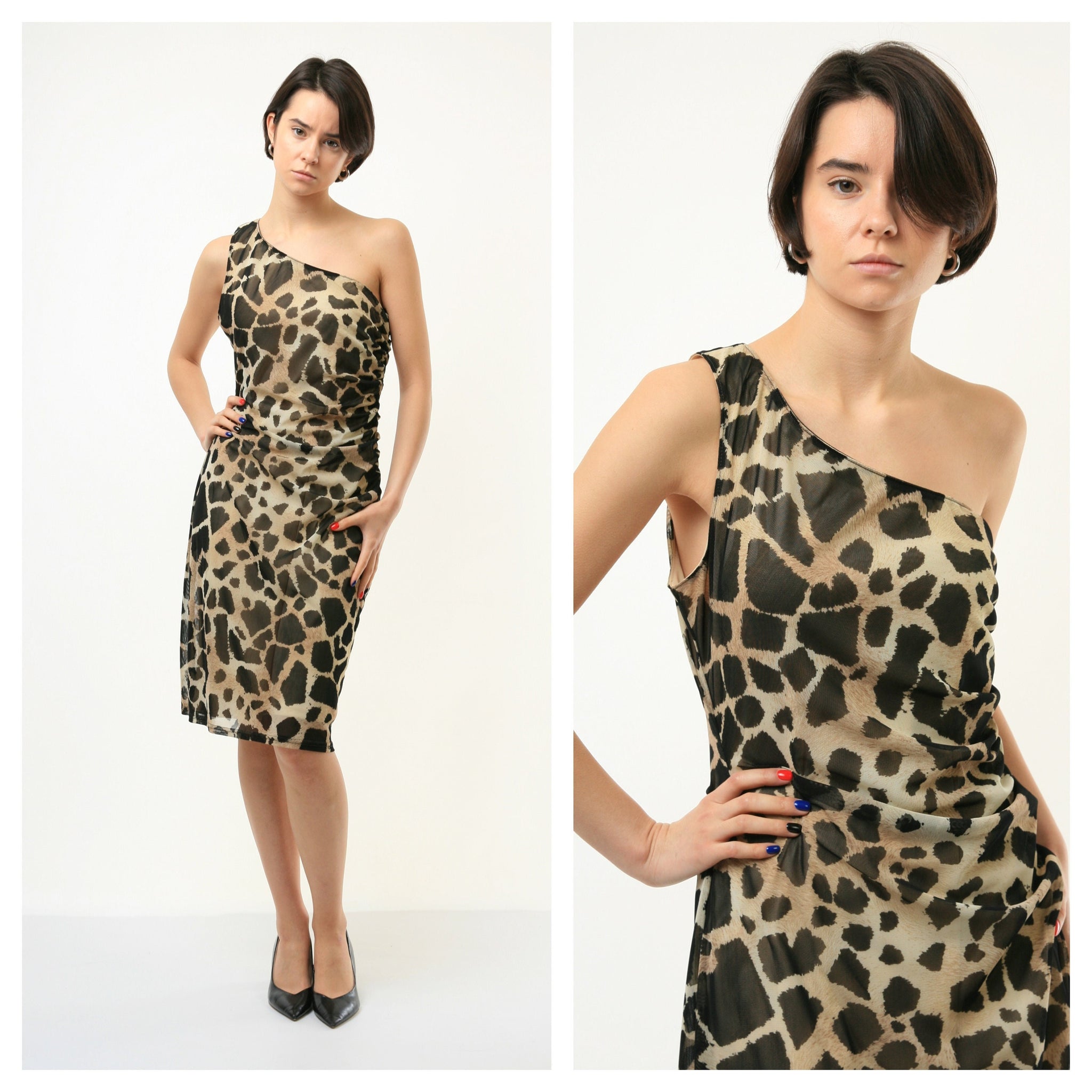 80s Vintage Woman Animal Print One Shoulder Mini Dress size M Medium 3677/ Vintage Woman One shoulder Dress/ Vintage Woman Dress