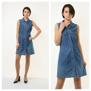 80s Vintage Woman Denim Sleeveless Grunge Mini Style Dress size Small 3781 Vintage Woman Mini Denim Dress size Small