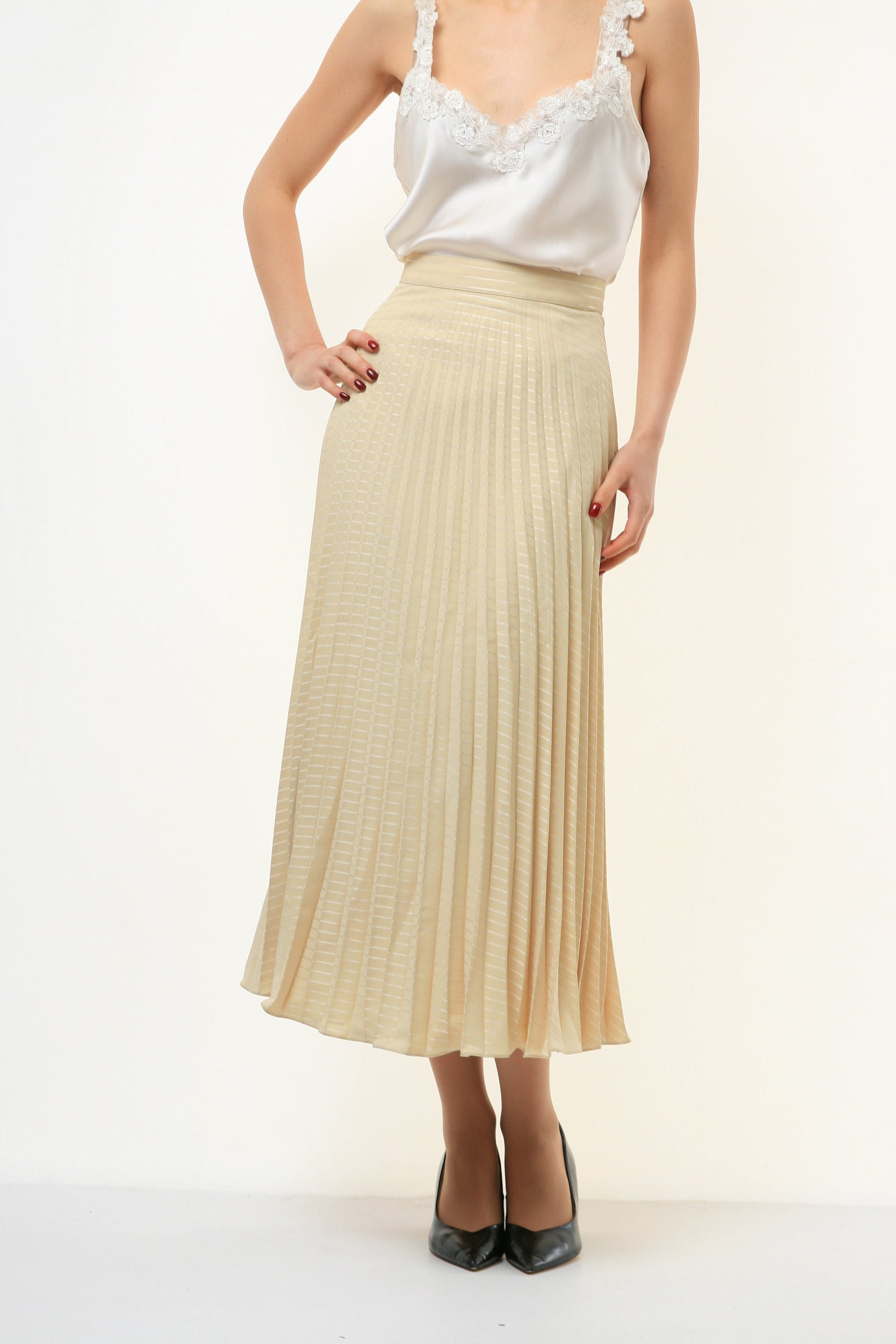 70s Vintage Gold High Waisted Down Pleasted Midi Skirt size S Small 3806/ Vintage Woman Classic Skirt/ Retro Woman Gold Skirt size Small